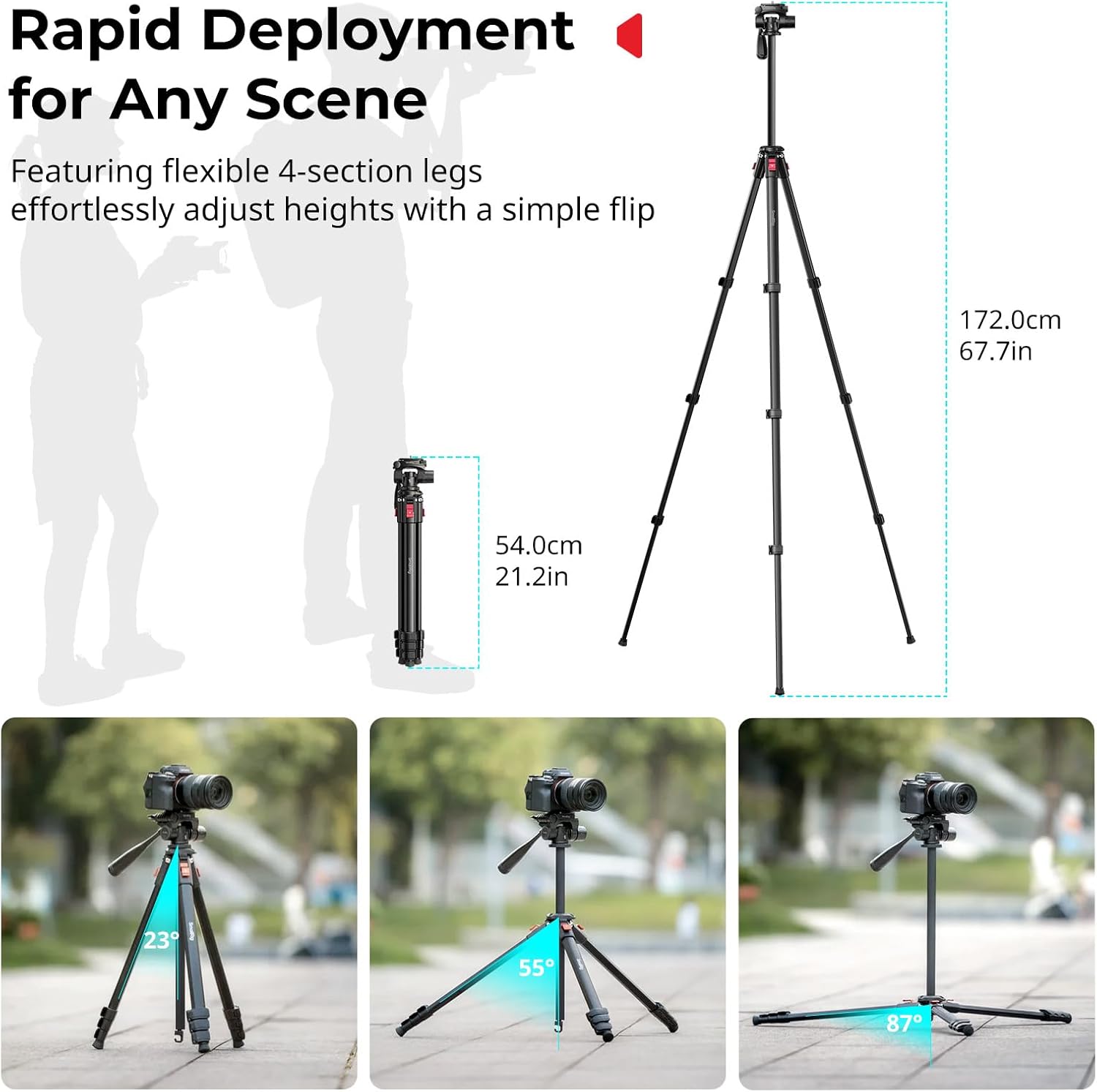 Thumbnail 6 de SmallRig 172 cm Trépied de Voyage en Aluminium avec Clip pour Caméra et Téléphone – AP-30