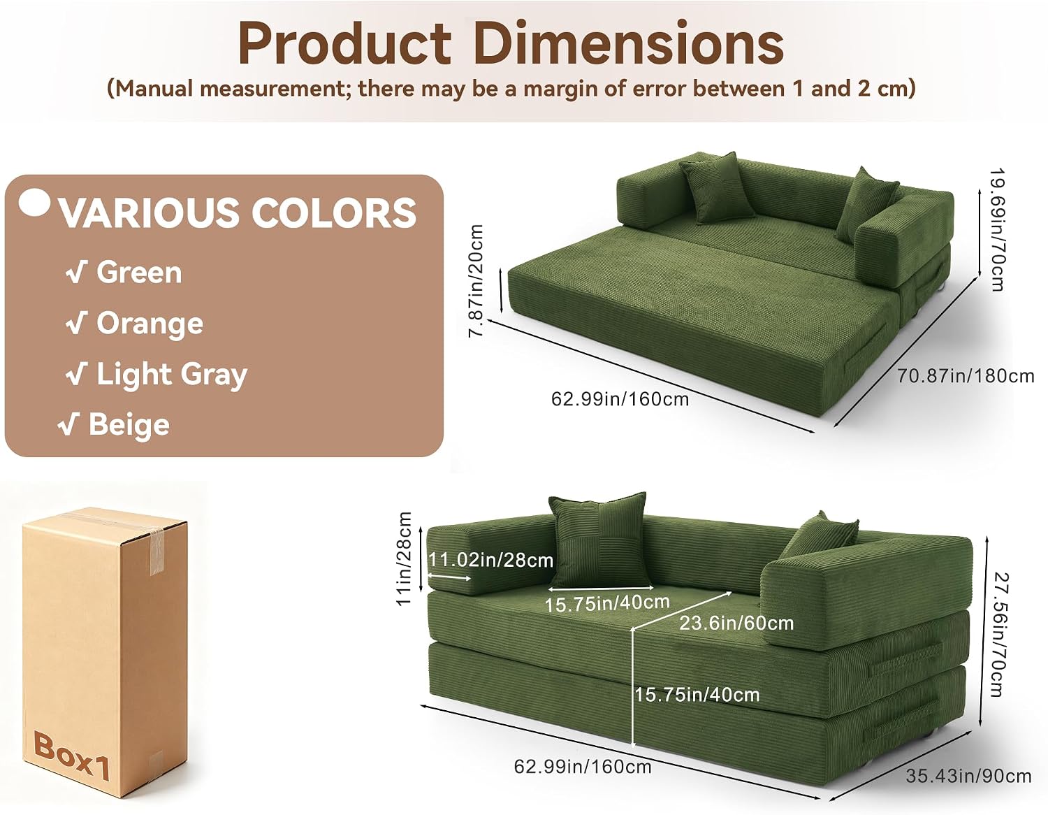 Detalle de Dyonery CA-S61-CO-GN 5-in-1 Convertible Corduroy Sleeper Sofa, Green