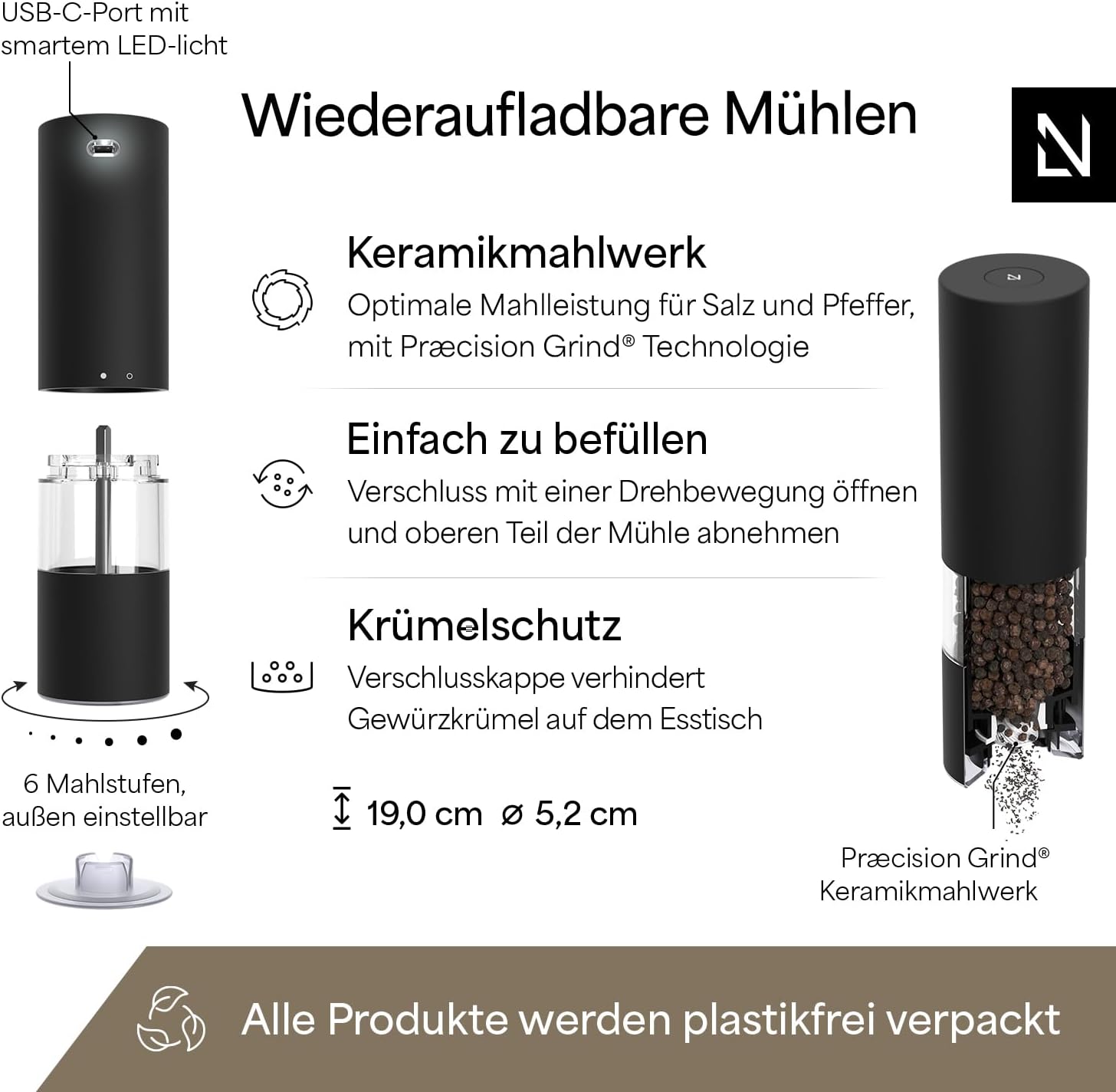 Detalle 2 de LARS NYSØM Salz- und Pfeffermühle Elektrisch 2er aus Edelstahl – USB-C, Keramikmahlwerk, LED-Licht