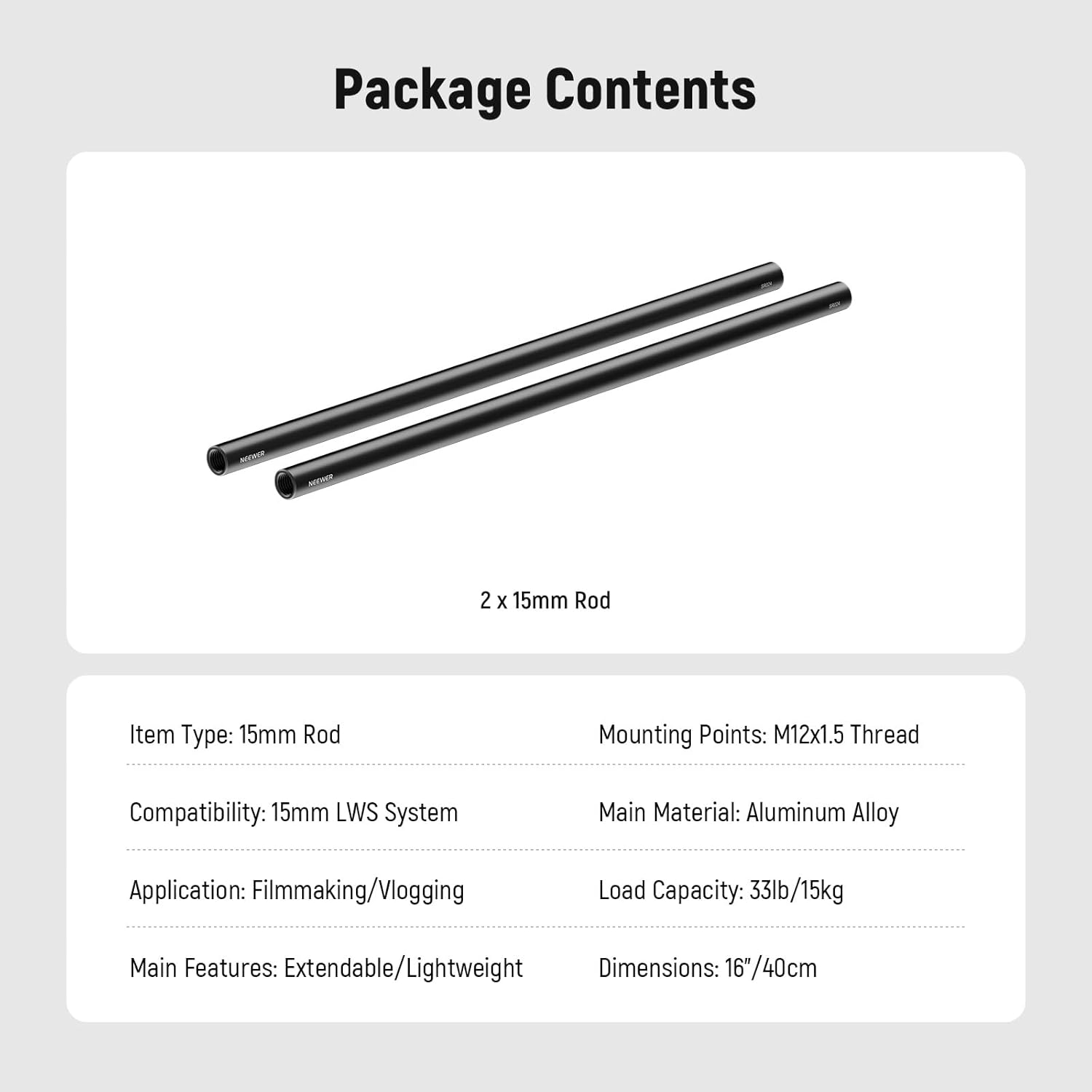 Thumbnail 5 de NEEWER Tiges d’extension LWS 15 mm – 2 tiges de 40 cm (16”) avec filetages M12 x 1,5, SR024