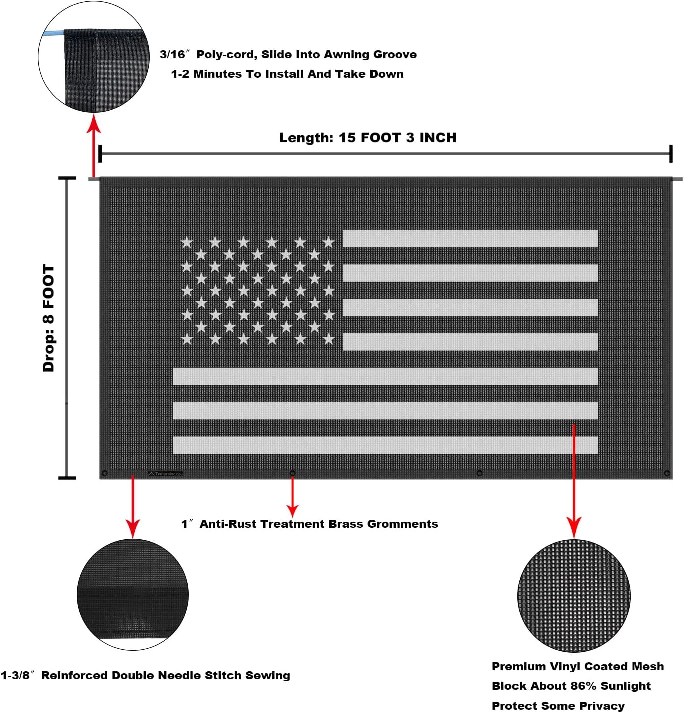 Detalle 2 de Tentproinc RV Awning Sun Shade Screen 8' x 15' 3'' (American Flag) Black Mesh UV Blocker for Camper Trailers