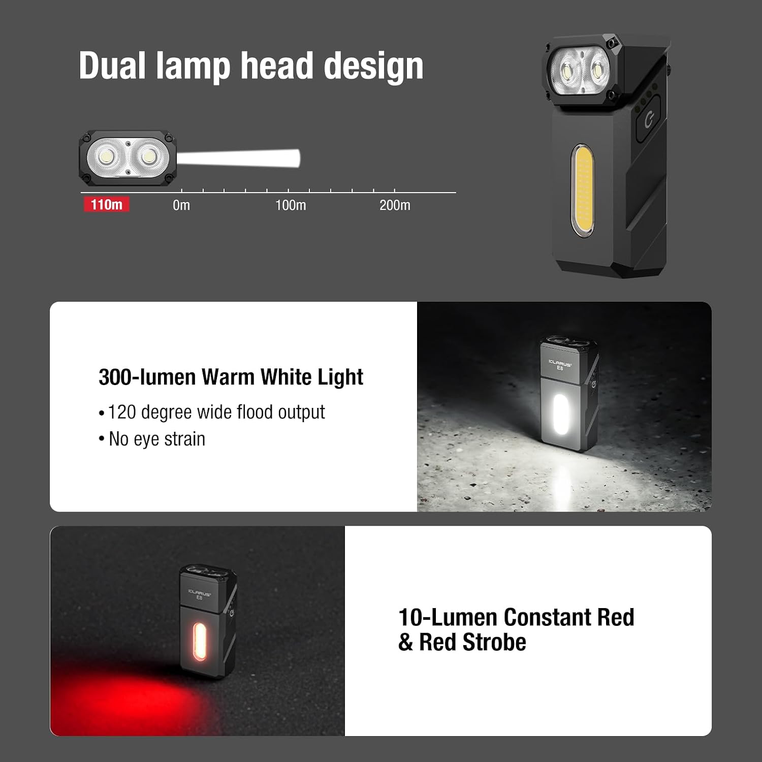 Detalle 2 de KLARUS E8 EDC : lampe torche rechargeable triple lumière, tête pivotante 180° et éclairage de travail