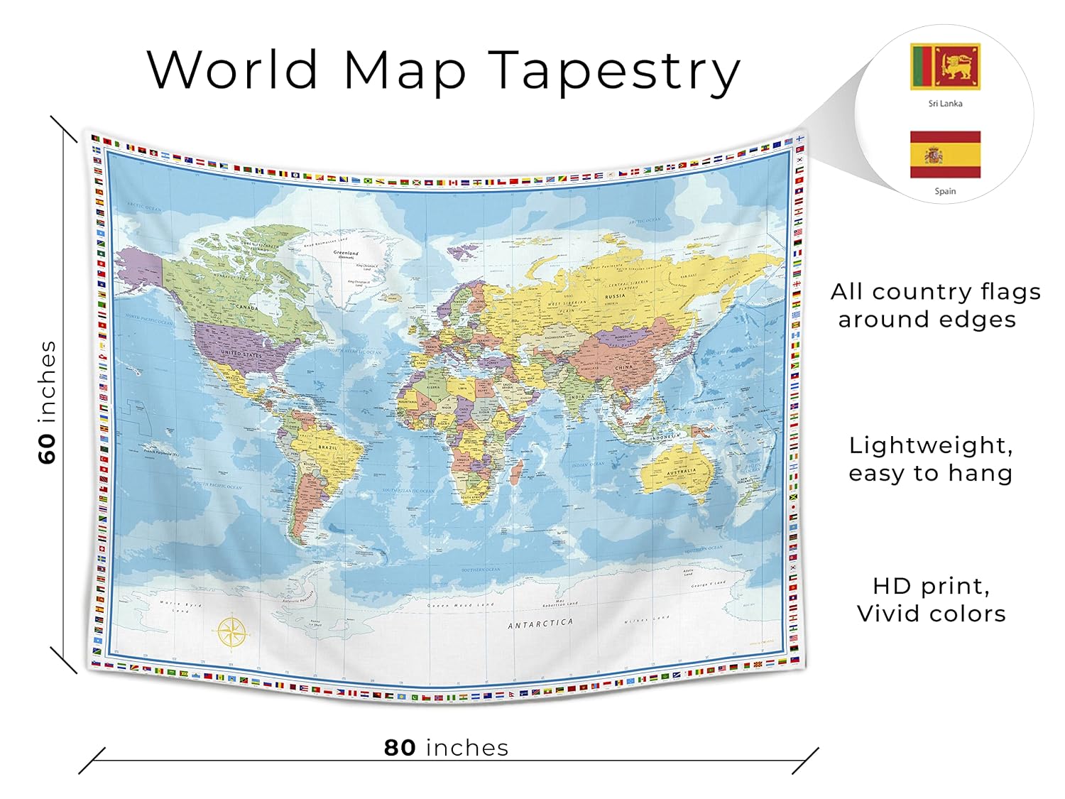 Detalle de 世界地図タペストリー 60x80 In|国旗付き、子ども部屋や教室の地理学習に
