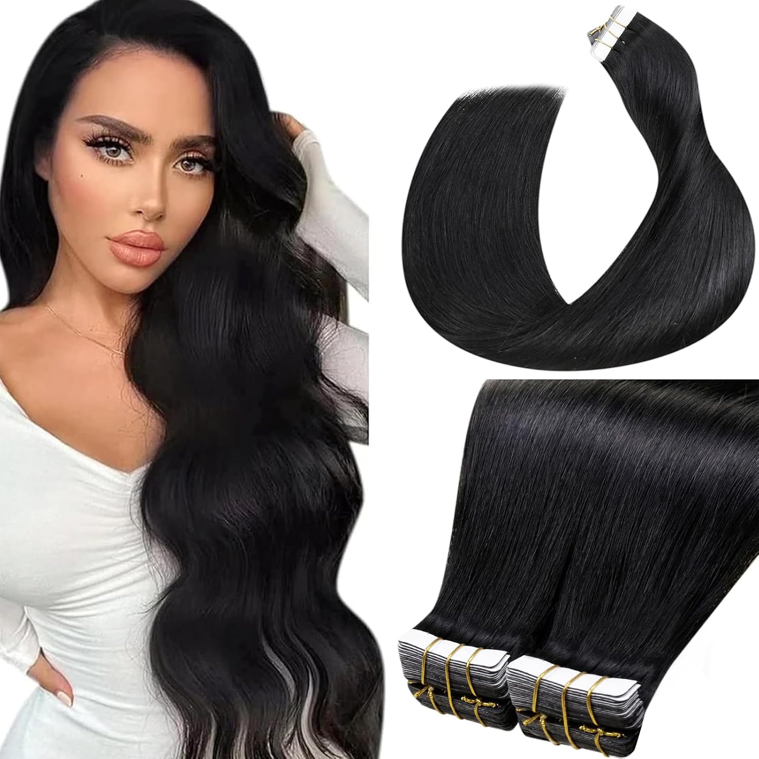 Detalle de LaaVoo Extension Capelli Veri Biadesivo 40 cm (40 pz) Nero Jet #1