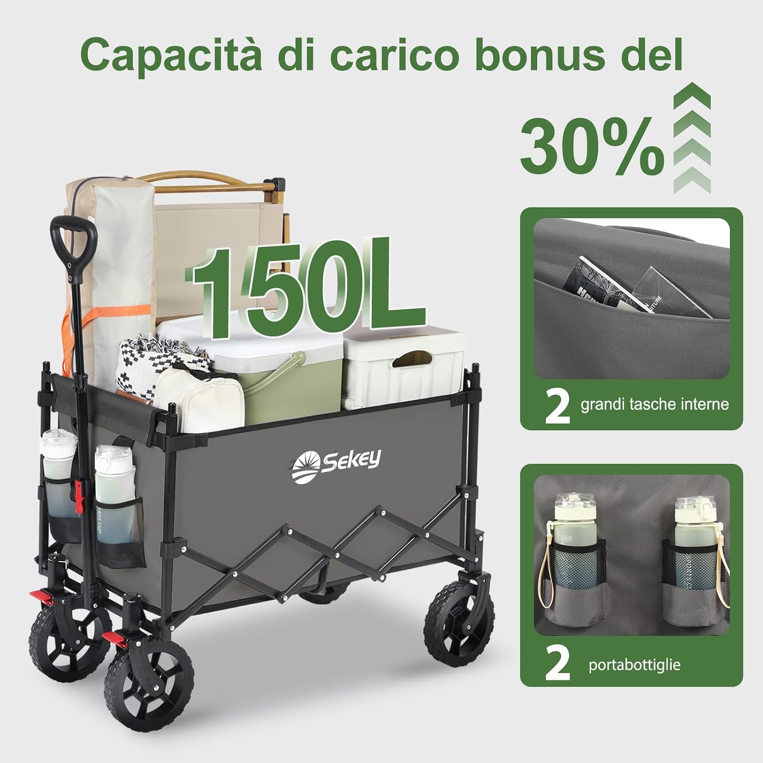 Thumbnail 1 de Sekey XXL Carrello Spiaggia con Tetto rimovibile 150L, 150 kg e freni (grigio)