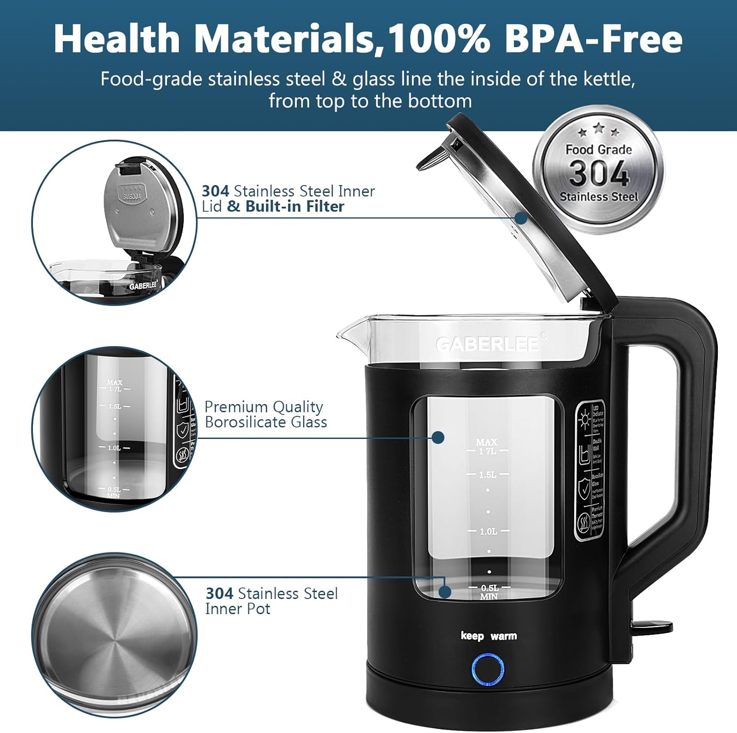 Detalle 2 de Aqualix Electric Kettle 1.7L 3000W with Keep Warm