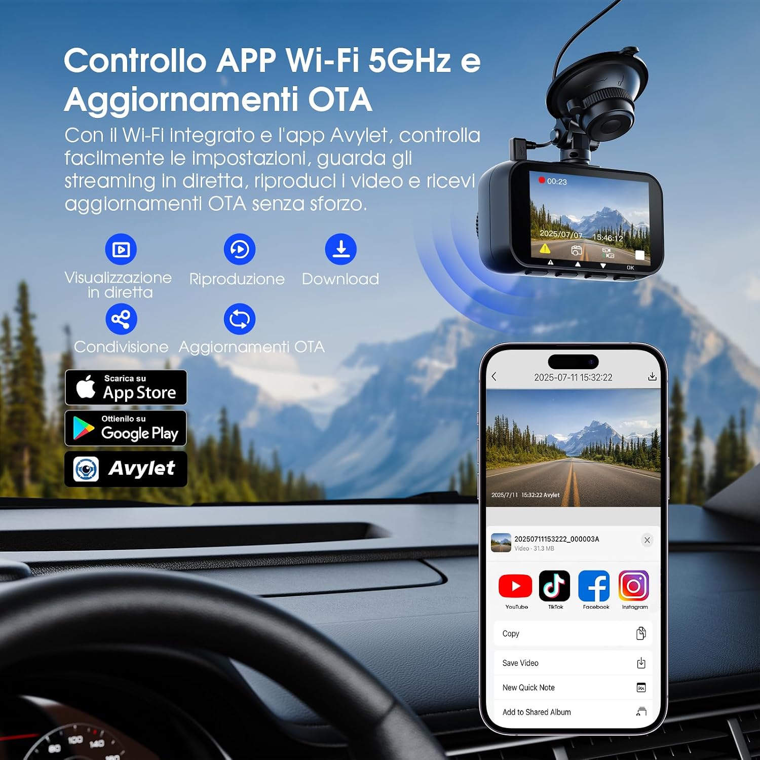 Thumbnail 3 de Avylet Dash Cam Auto 4K/2.5K+1080P con WiFi 5GHz, 64 GB e ADAS (IPS 2.8”, 170°)