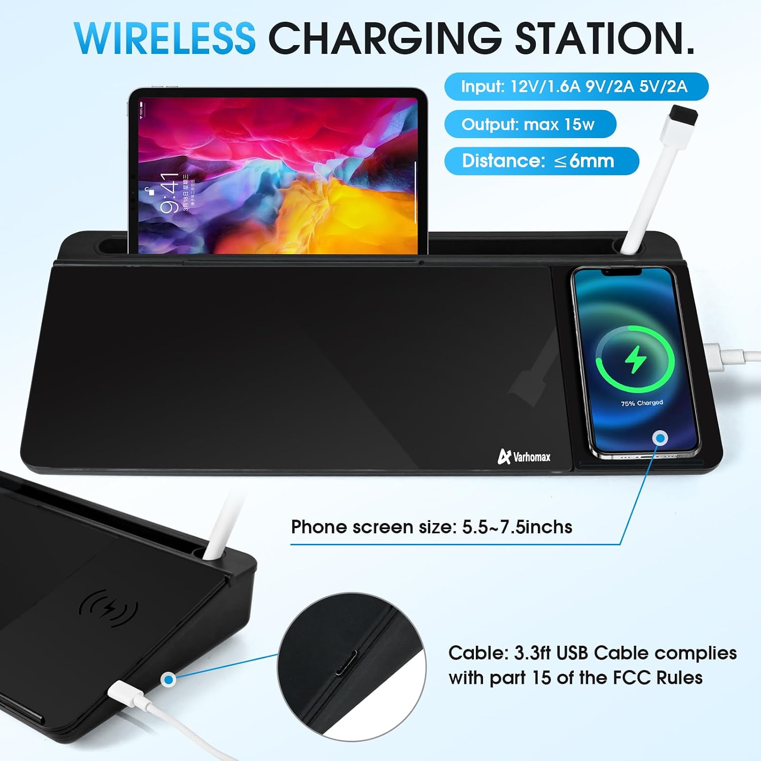 Detalle 2 de Varhomax VDS-WB-24 Glass Desk Whiteboard with Wireless Charging and Storage