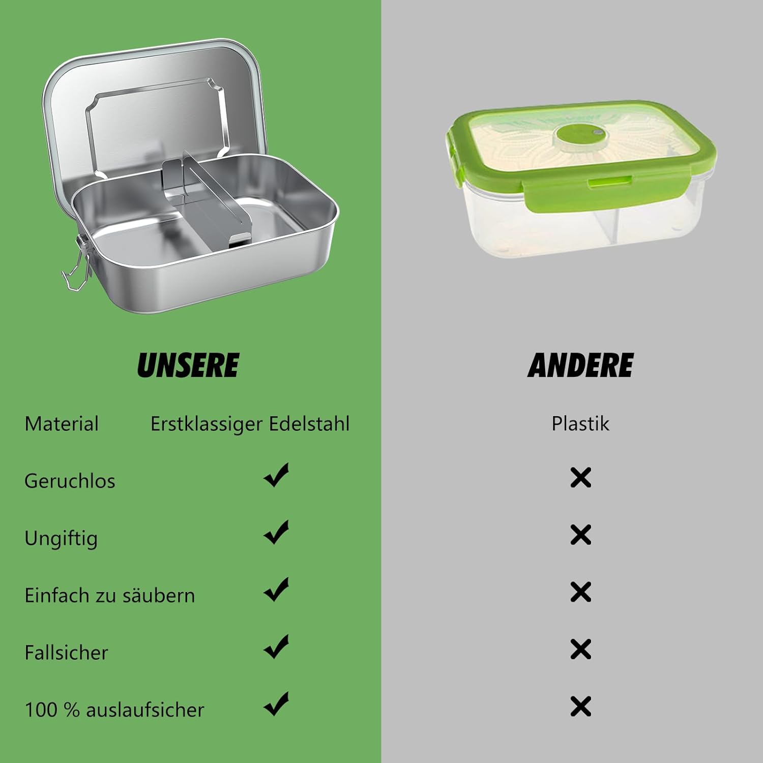Thumbnail 4 de AZHE Brotdose aus Edelstahl mit Fächern – auslaufsichere Lunchbox mit Trennwand, 1200 ml