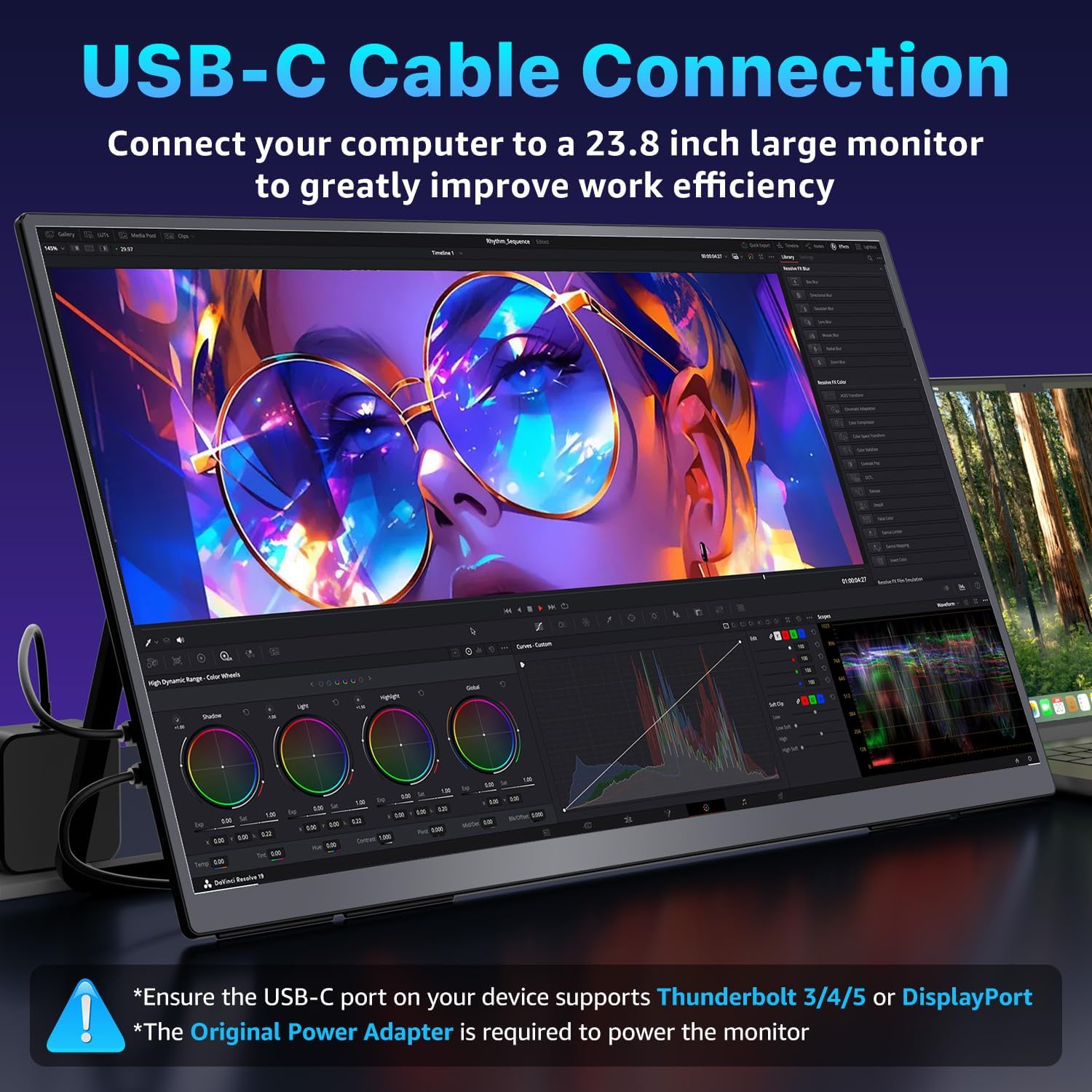 Detalle de Upperizon 23.8-Inch 4K Portable Monitor with HDR, USB-C & HDMI, 100x100mm VESA, Built-in Speakers