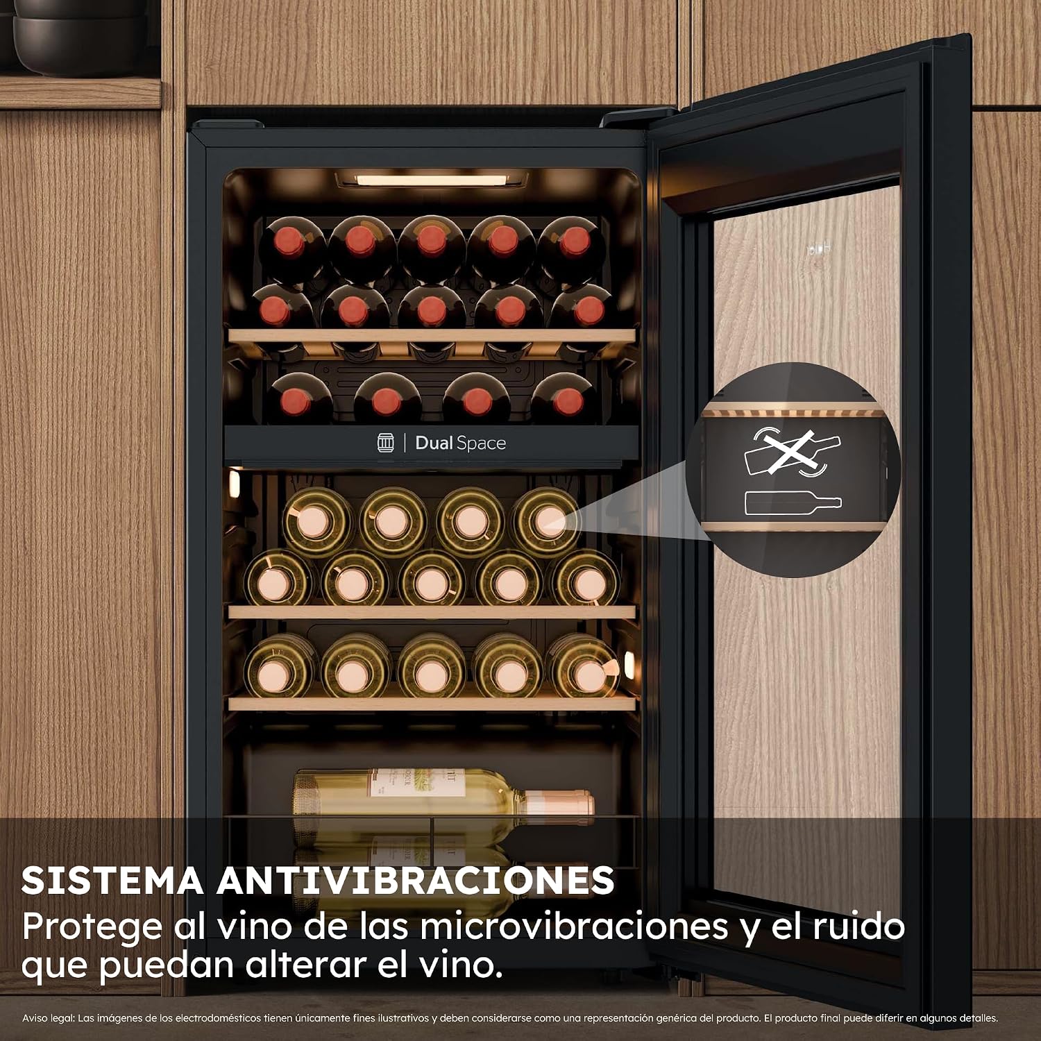 Detalle de Haier Wine Bank 50 Series 5 HWS32GDG: Vinoteca de 32 botellas con 2 zonas y filtro anti-UV