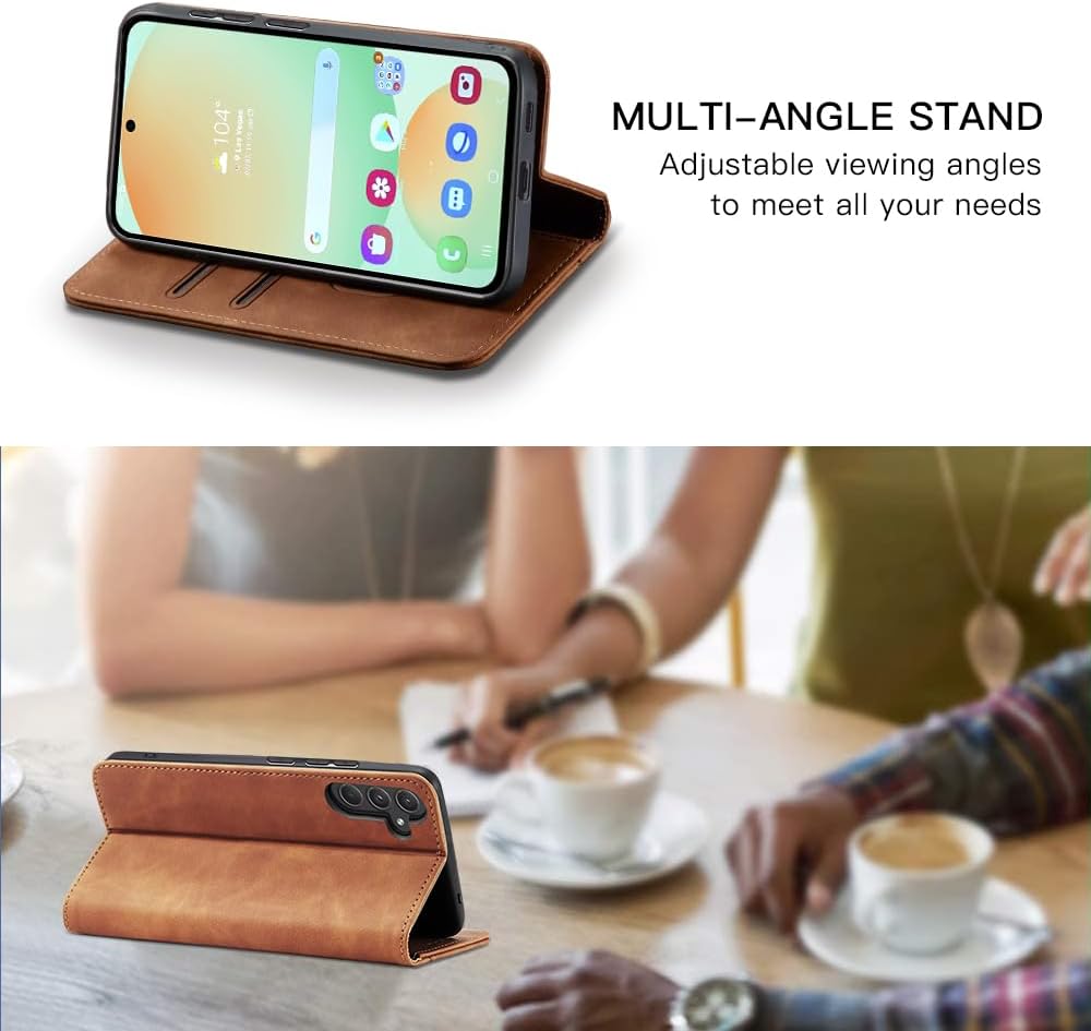 Detalle 2 de Leaisan Leder-Flip-Hülle für Samsung Galaxy S24 FE 5G – Braun mit Kartenfächern, Standfunktion und Stossfestem Schutz
