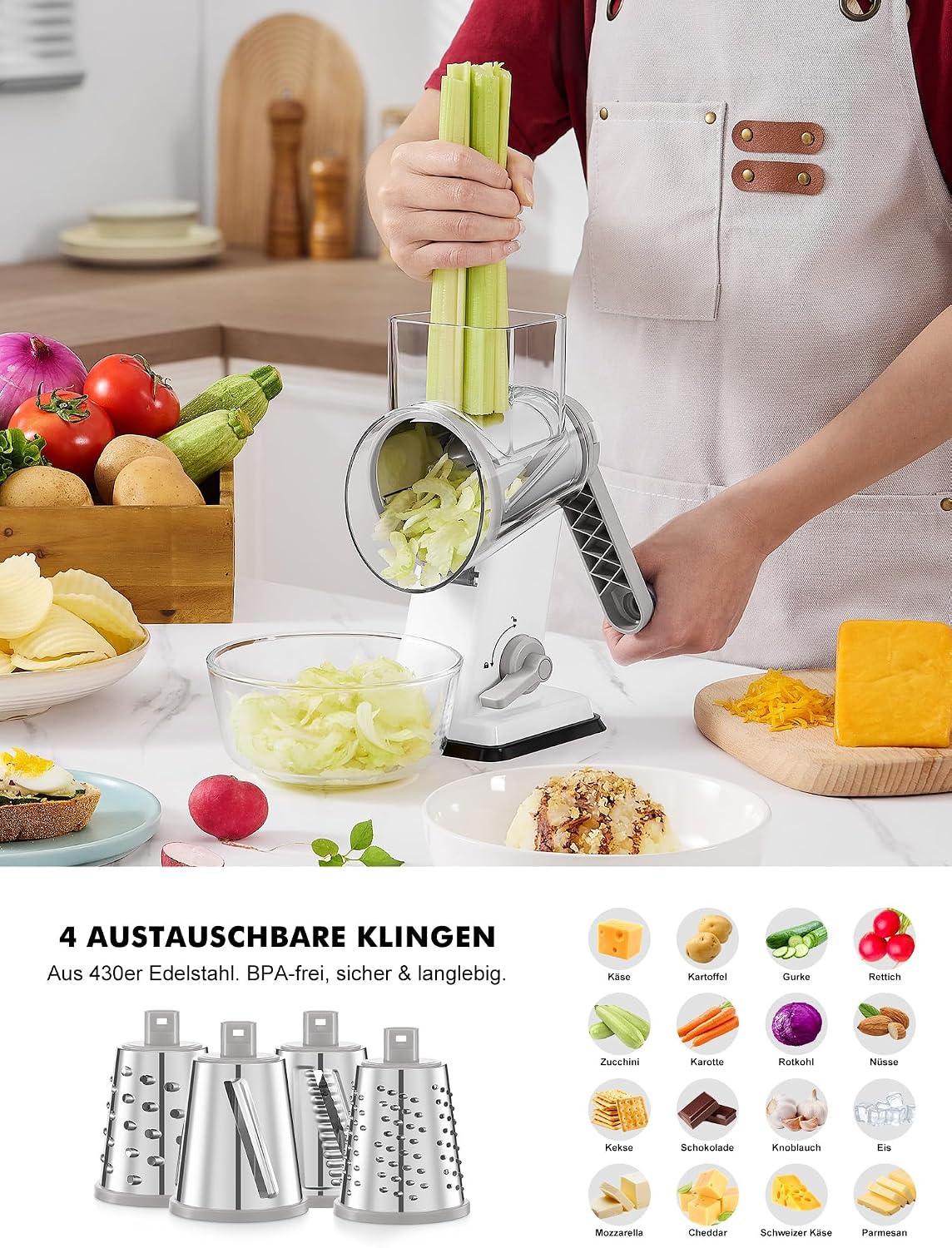 Detalle de GDL Käsereibe: 4-in-1 Gemüsereibe mit starker Saugnopfbasis – Weiß