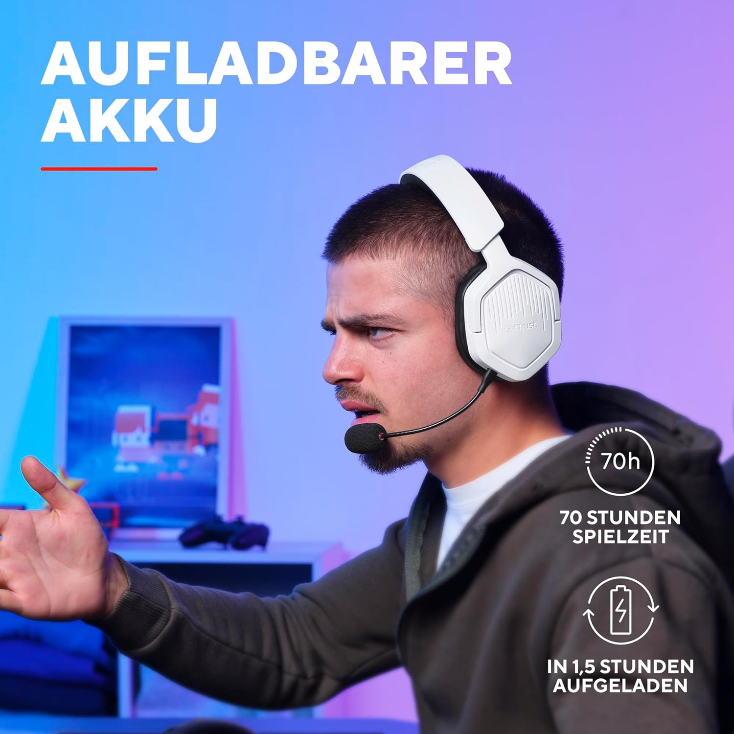 Detalle de Trust Gaming GXT 1493W Ravox Wireless Gaming Headset (Bluetooth + 2,4 GHz) mit Mikrofon, 50-mm-Treibern, bis zu 70 Std. Akkulaufzeit – Weiß
