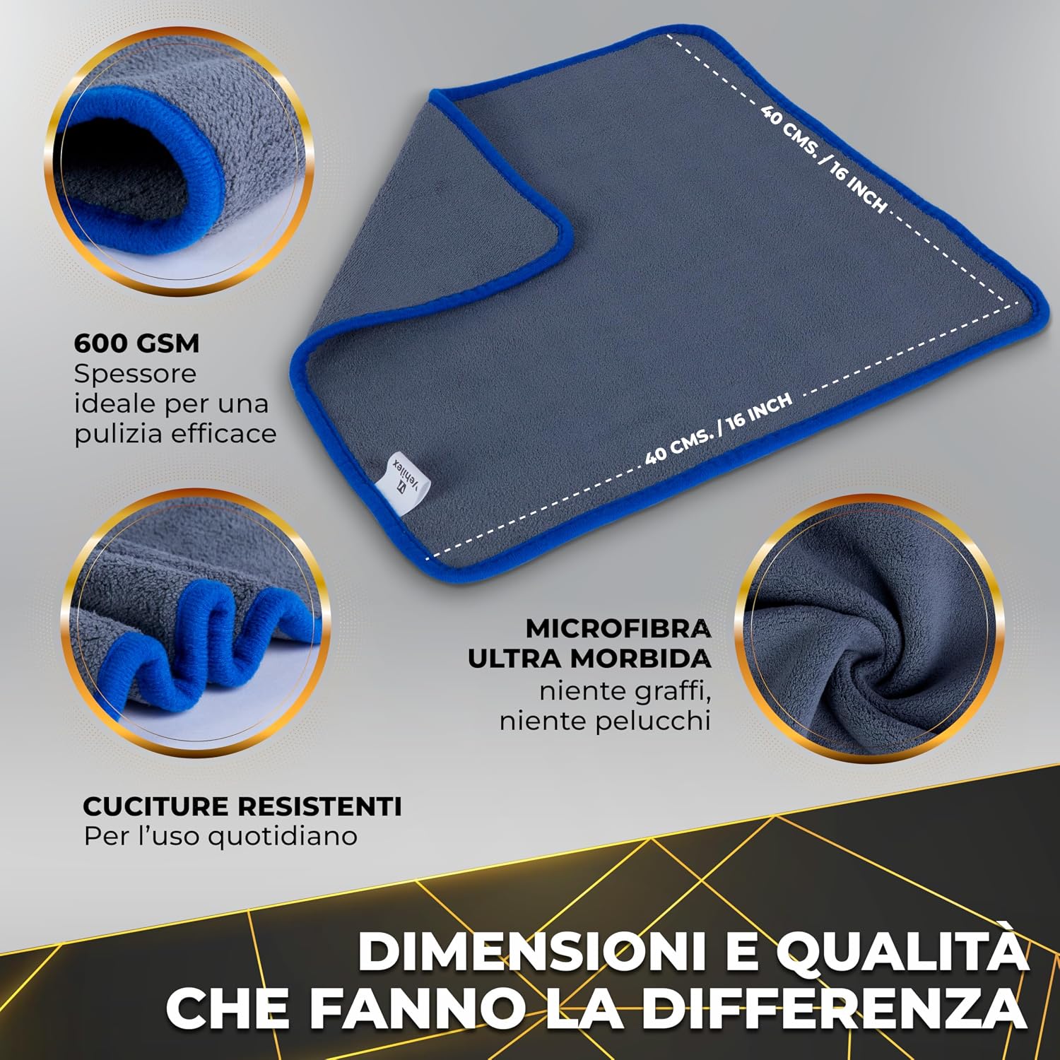 Detalle de Vehilex Set Panni Microfibra Ultra Assorbenti 4x 40x40 cm + Pelle di Daino 66x43 cm – 600 GSM