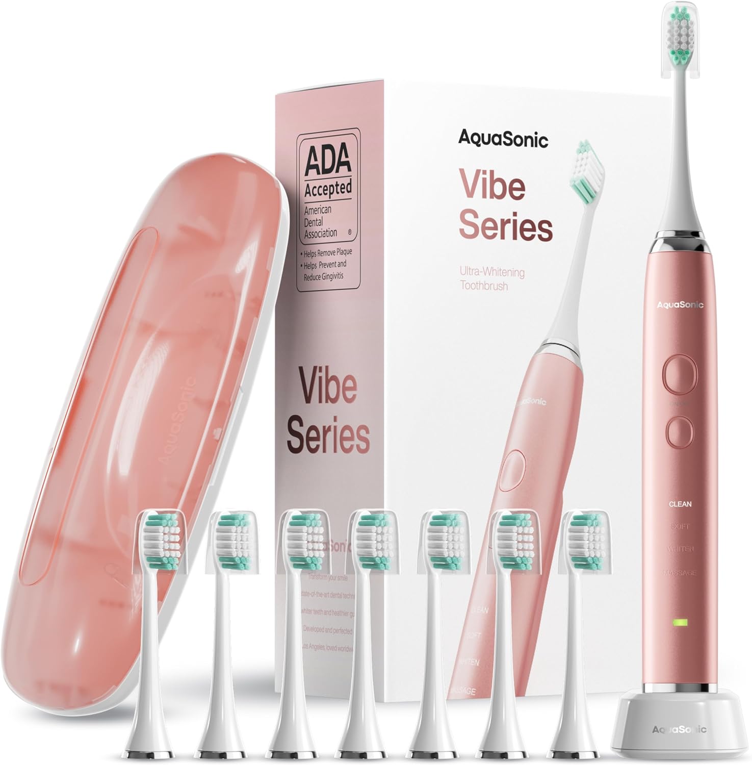 Detalle de Aquasonic Vibe Series Ultra Whitening Electric Toothbrush (ADA Accepted) with 8 Brush Heads & Travel Case, Smart Timer & Wireless Charging – Satin Rose Gold