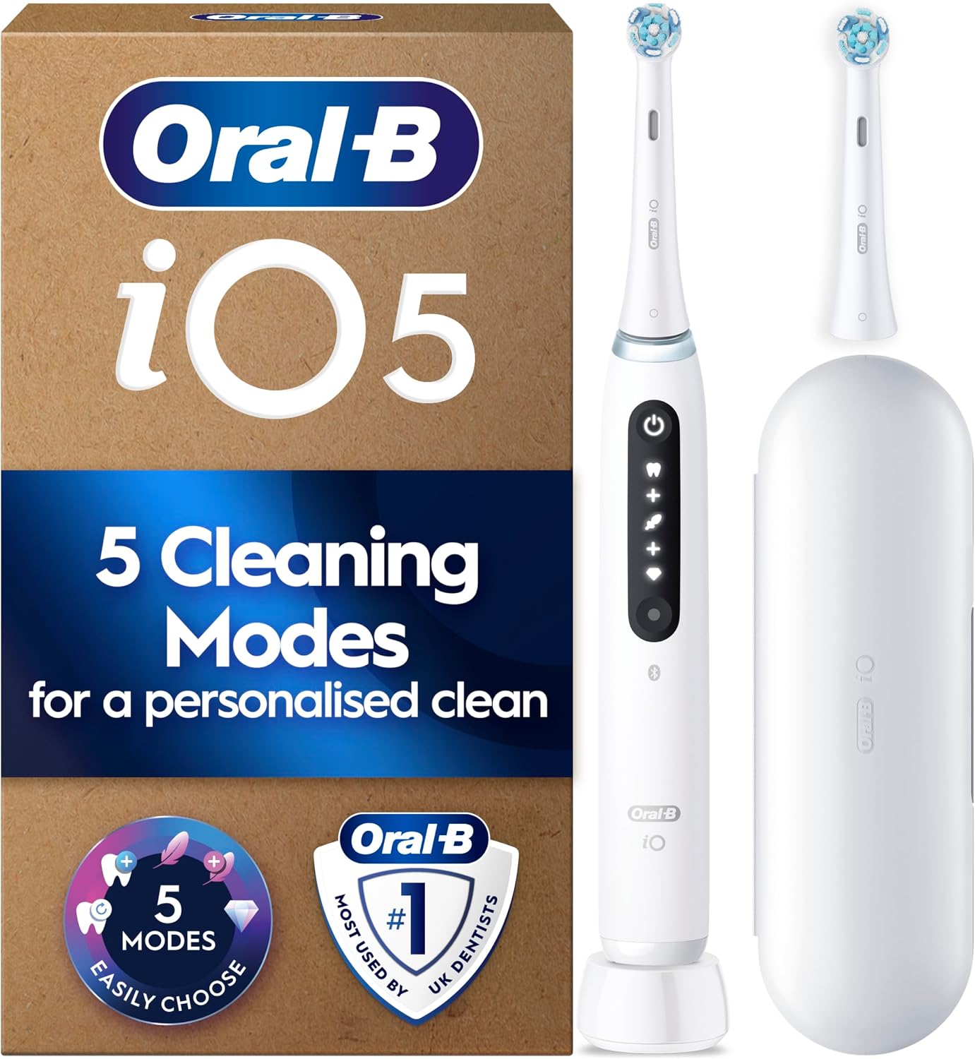 Detalle de Oral-B iO5 electric toothbrush for adults (2 modes heads, travel case, 5 brushing modes) – White