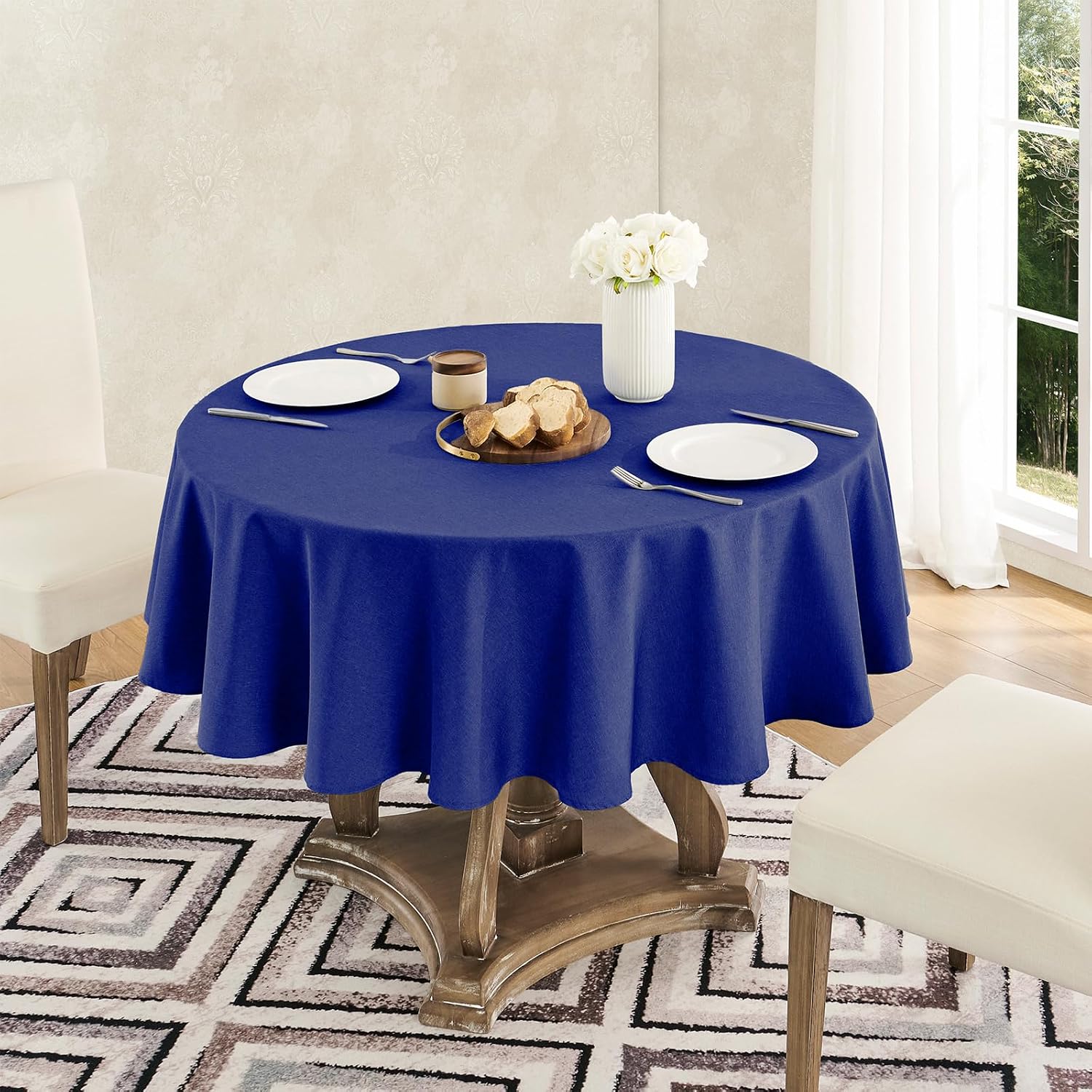 Detalle de Veblandy Faux Linen Round Tablecloth 60 inch - Royal Blue