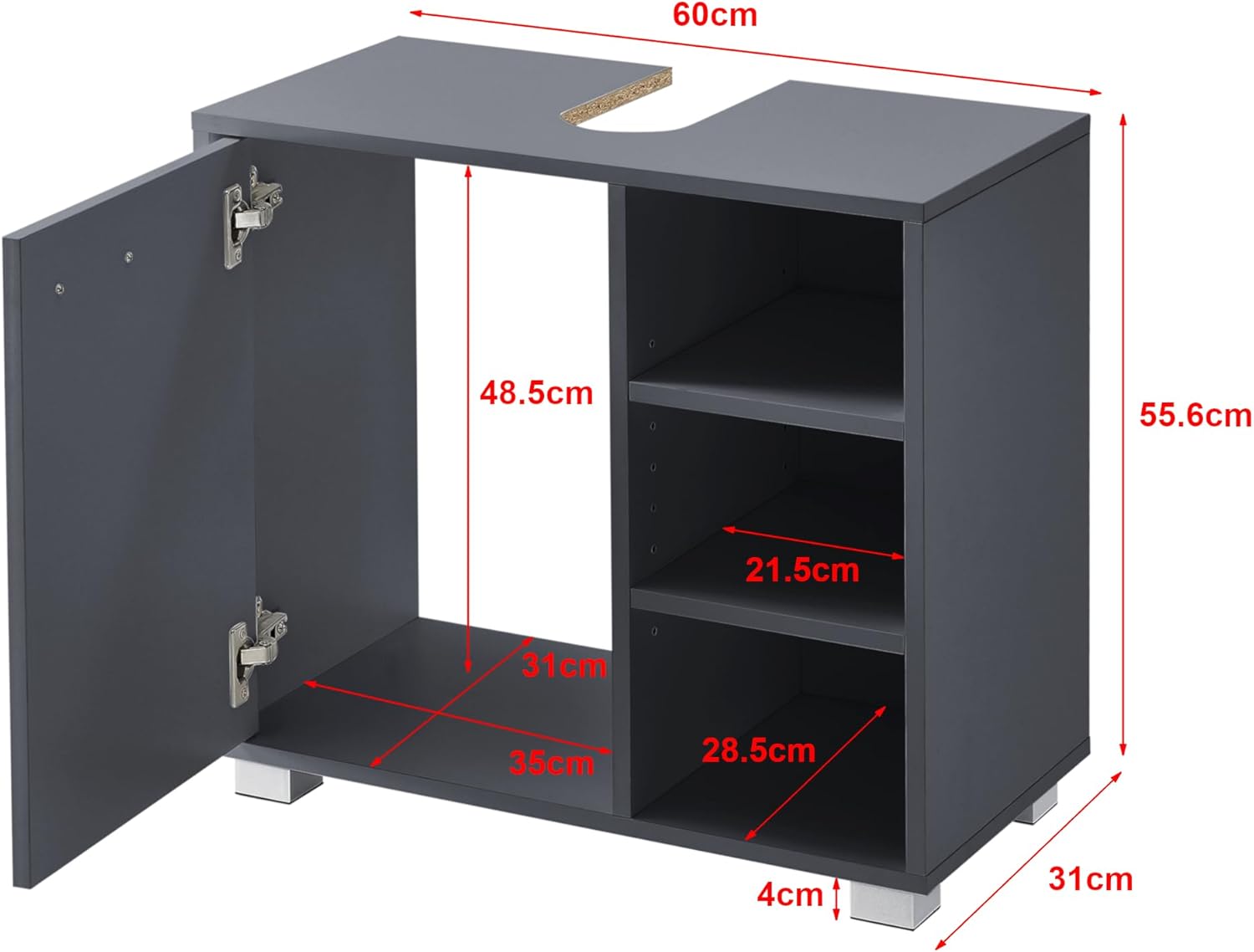 Detalle de Mobile sottolavabo da Terra con Armadietto e 3 Ripiani Regolabili – Grigio Scuro (56x60x31 cm) per Bagno