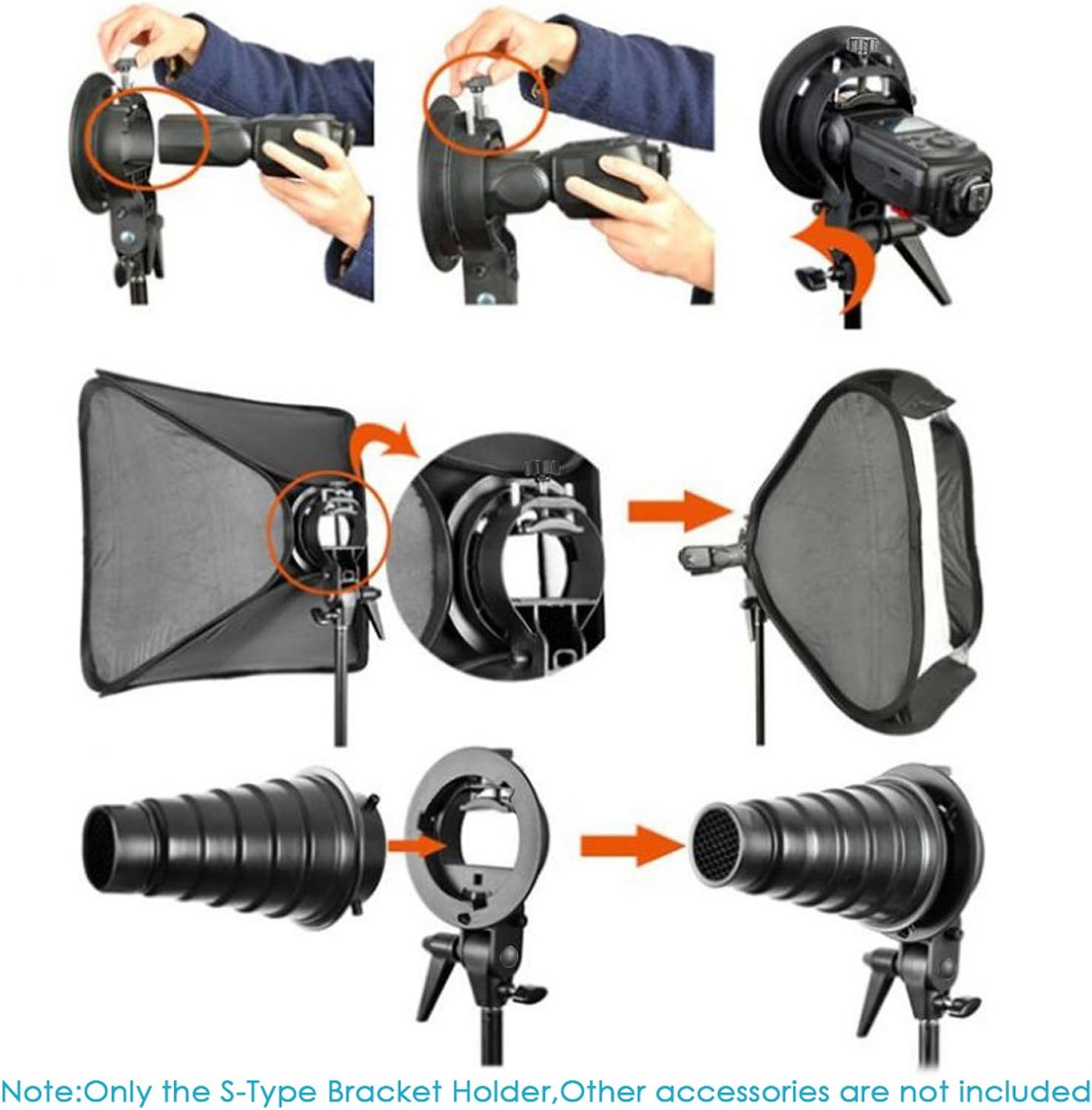 Detalle de Neewer S-type Support de flash avec monture Bowens pour accessoires studio (boîte à lumière, bol de beauté, snoot, parapluie)