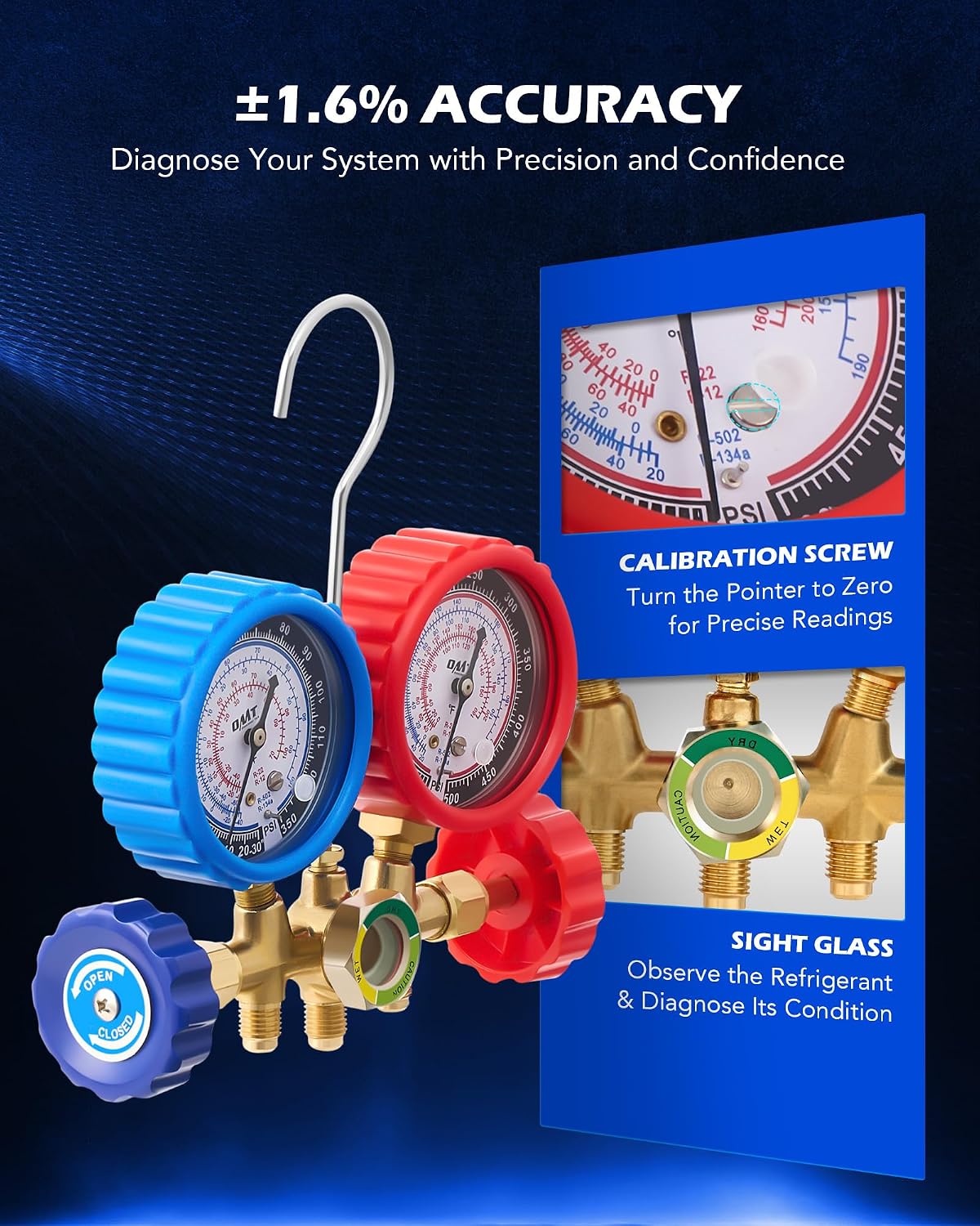 Detalle de Orion Motor Tech AC Gauges: 3-Way Manifold with R134a/R12/R502 Compatibility