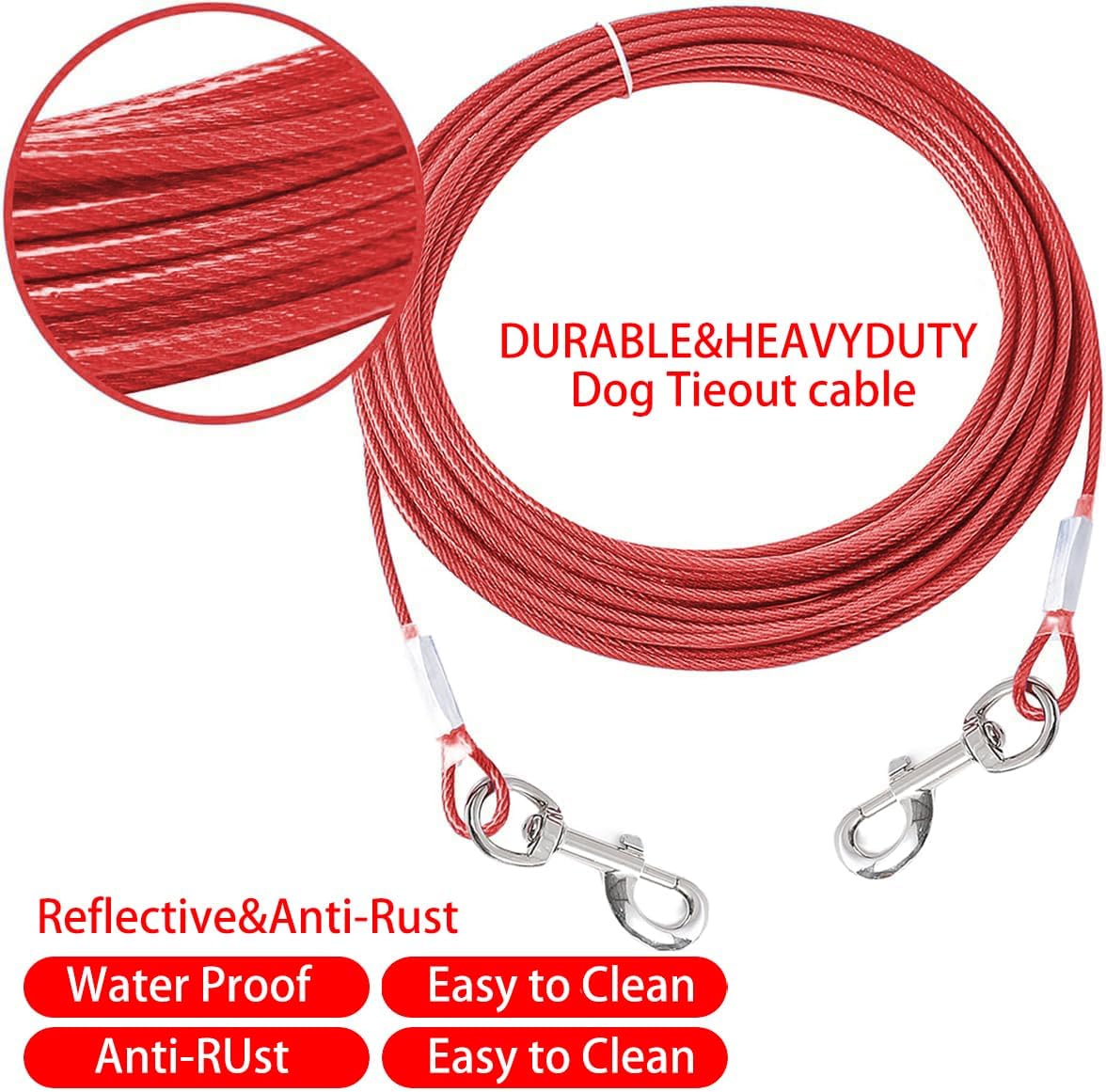 Detalle de Mi Metty Dog Tie Out Cable (Chew Proof) with 360° Swivel Hooks, Red, 50ft (15m) — for small dogs up to 60lbs