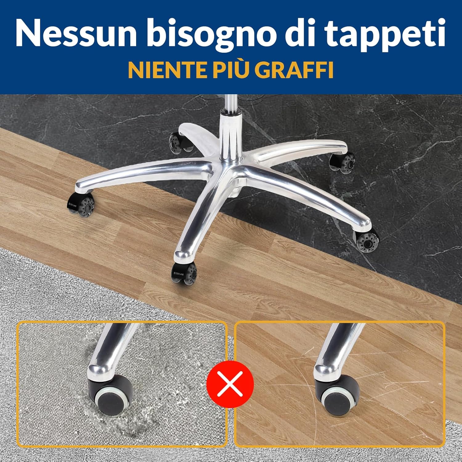 Detalle de COSYLAND Rotelle doppie argento trasparente per sedia ufficio – 10 mm, rotazione 360° e pavimenti delicati
