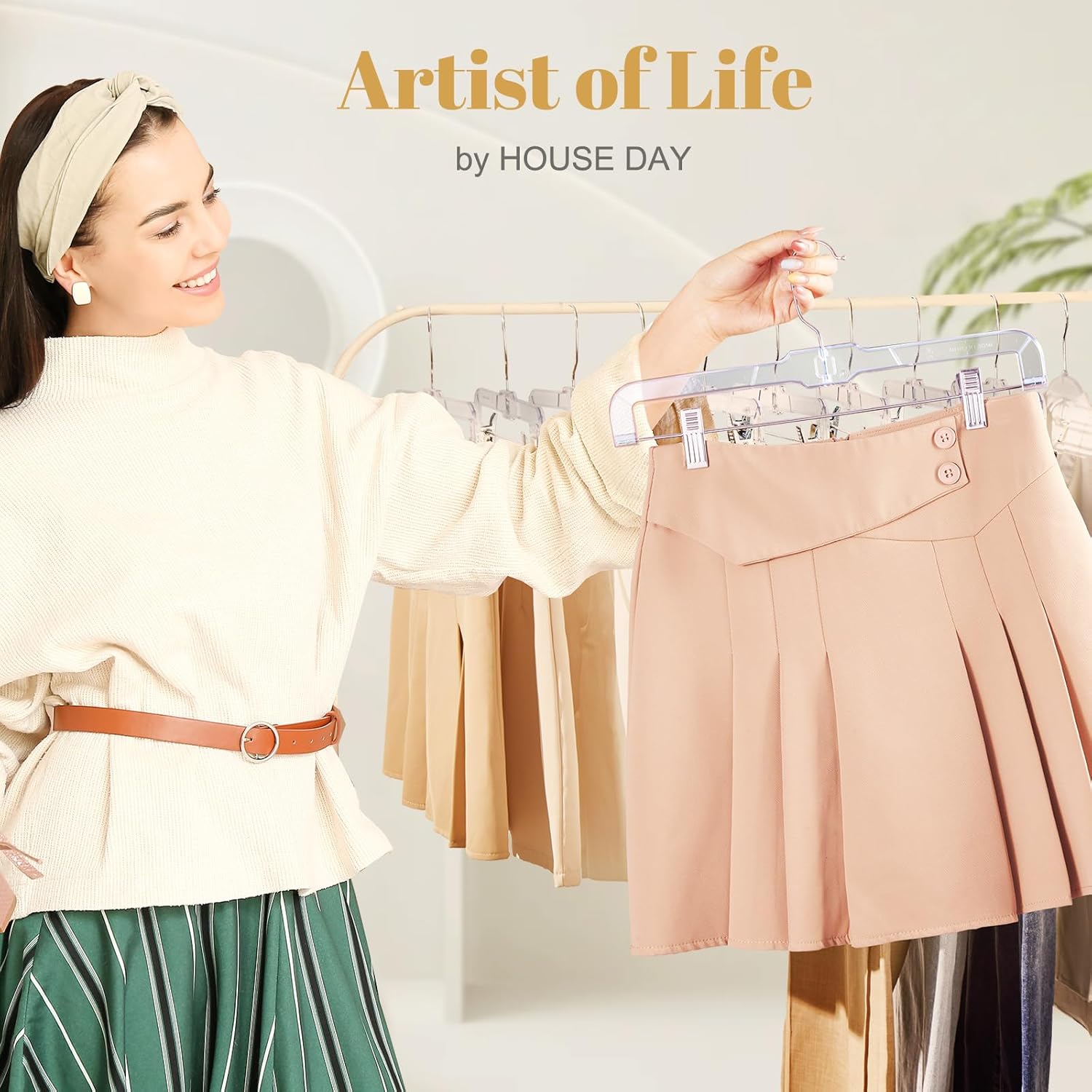 Thumbnail 1 de HOUSE DAY 12 Pack 14-inch Clear Plastic Skirt & Pants Hangers with Adjustable Clips (360° Swivel Hook)