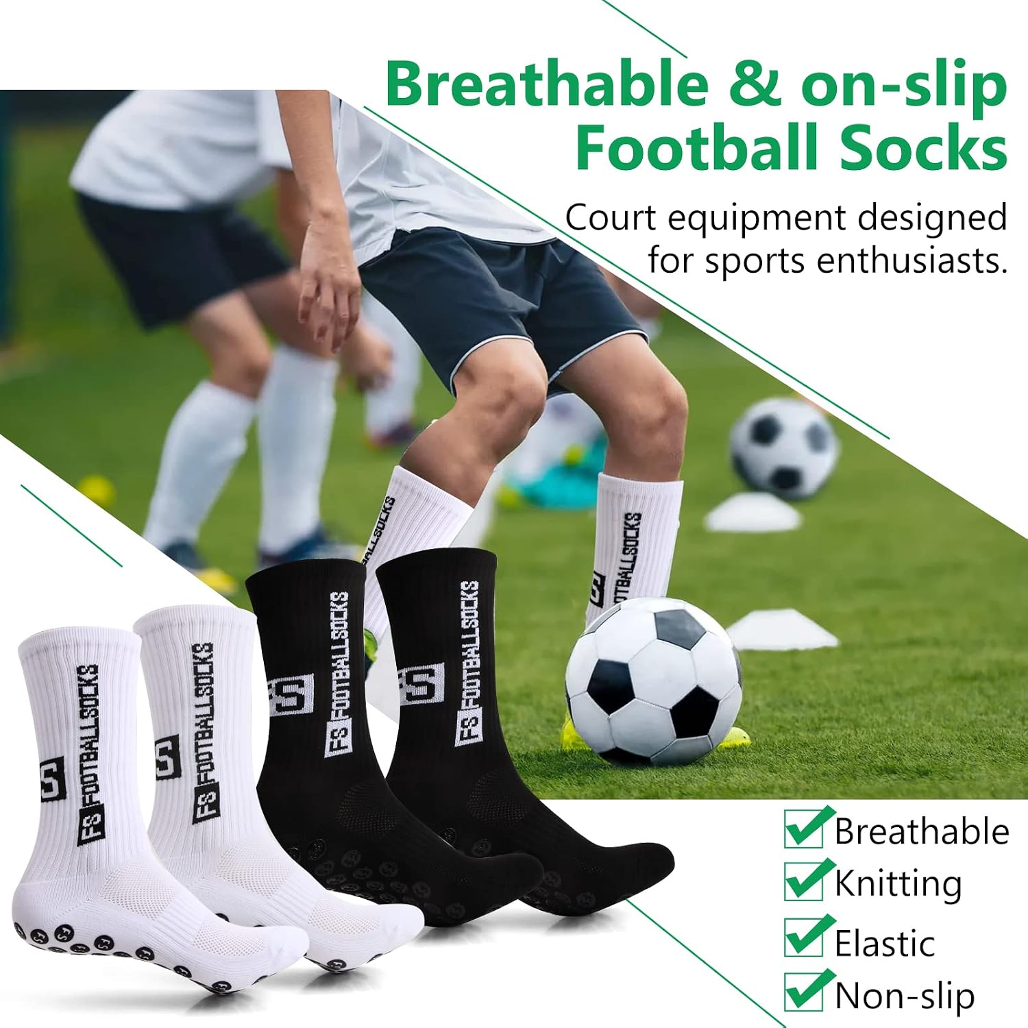 Detalle de Naseom : 2 paires de chaussettes de football antidérapantes — confort universel et adhérence fiable
