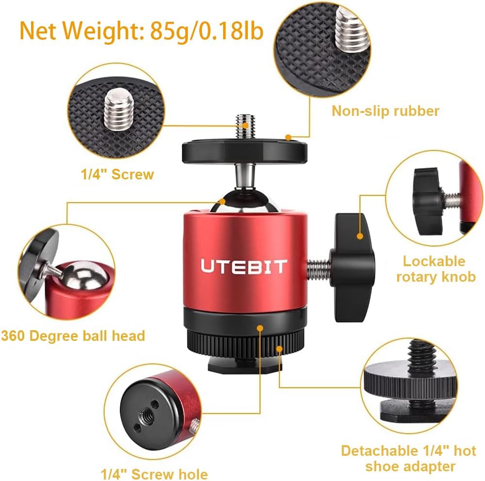 Thumbnail 3 de UTEBIT Mini Ball Head Tripod Ballhead Mount with Removable 1/4" Hot Shoe Adapters (2 Pack)