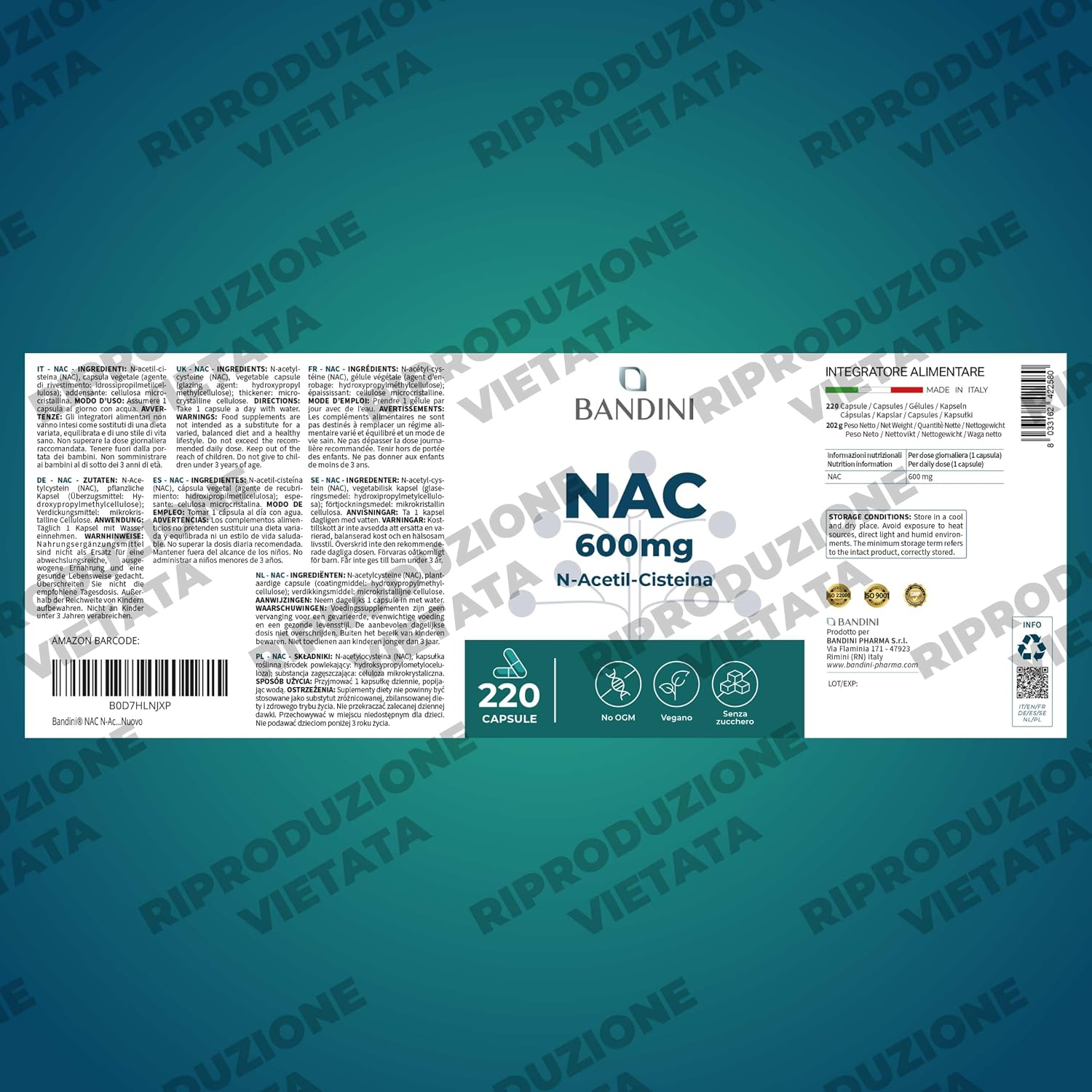 Detalle de BANDINI NAC N-acetylcysteïne, 220 vegan capsules van 600 mg