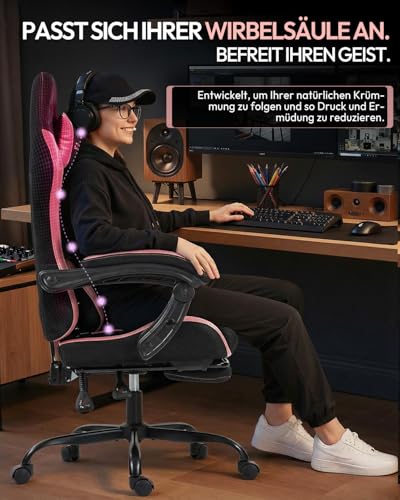 Thumbnail 7 de Nexthra Gaming Stuhl – ergonomischer Bürostuhl mit höhenverstellbaren Linkage-Armlehnen, Lendenkissen und Fußstütze – Rosa