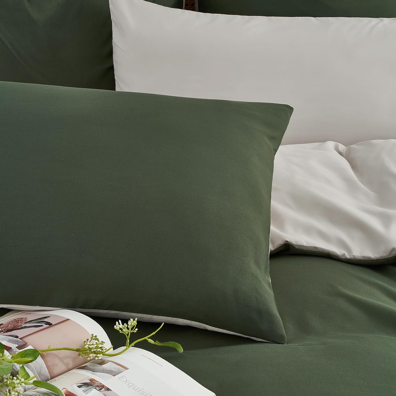 Detalle 2 de Duvetnova Bettwäsche-Set 135x200 (4-teilig) Olivgrün/Beige mit Reißverschluss