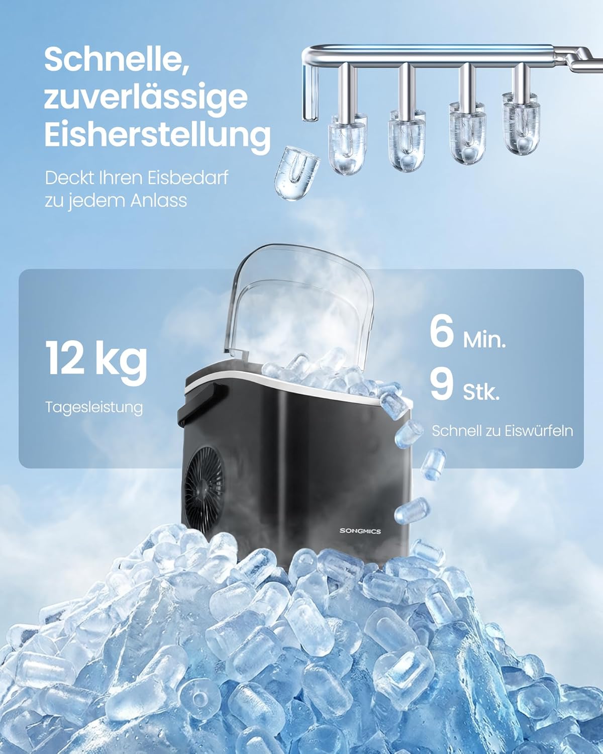 Thumbnail 2 de SONGMICS Eiswürfelmaschine XZB001B1EU – kompakte 12 kg/Tag, 6 Min. für 9 Würfel, Selbstreinigung