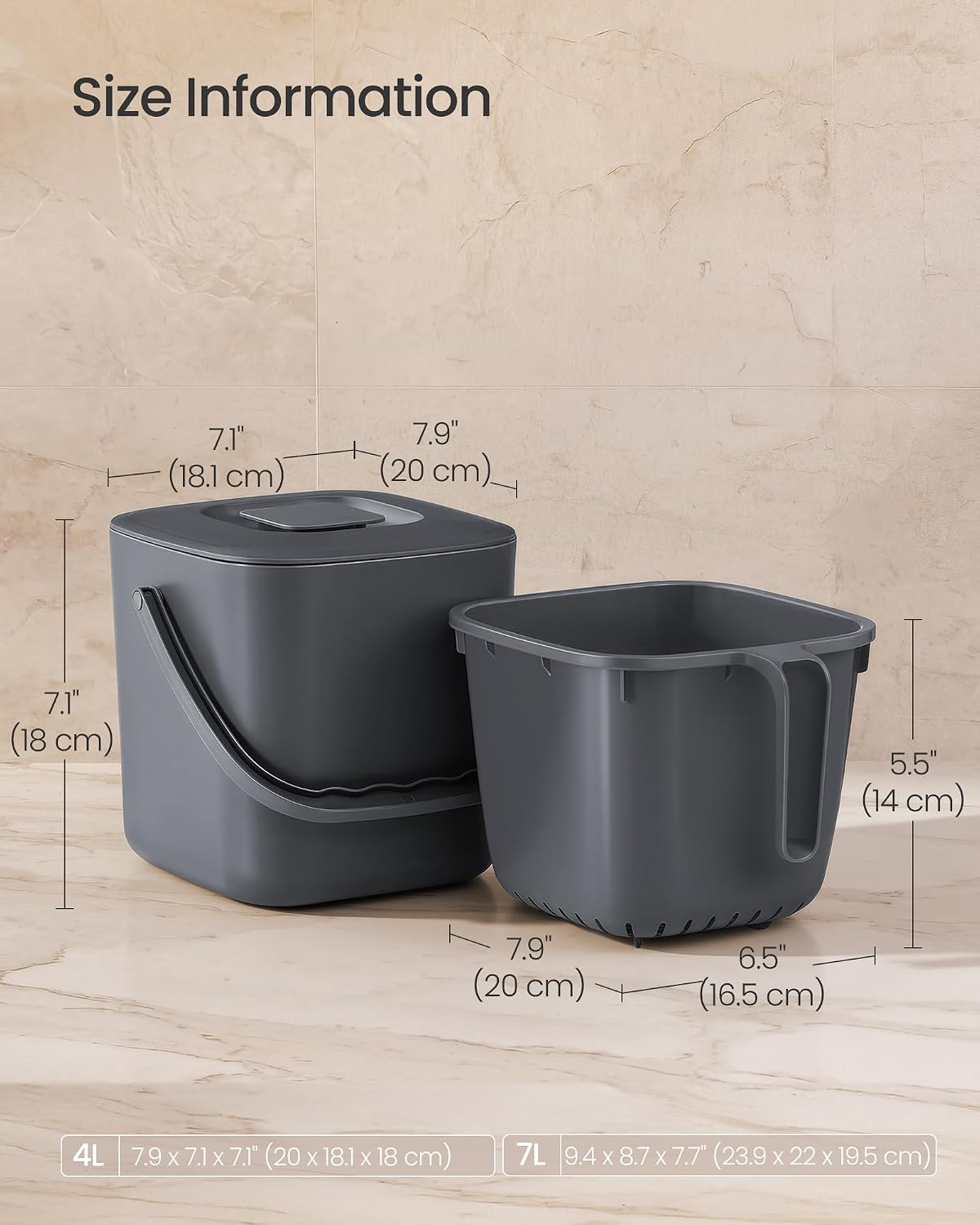 Thumbnail 6 de SONGMICS LTB214GZ01 4 Litre Kitchen Compost Bin, Dark Grey with Strainer