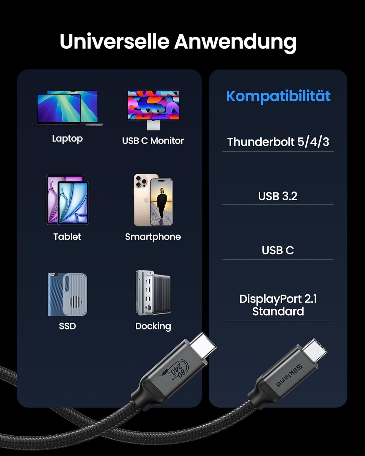 Thumbnail 5 de Silkland USB4 V2.0 für Thunderbolt 5 Kabel (3 m) – 80 Gbps, bis 120 Gbps Bandwidth Boost, PD3.1 bis 240 W