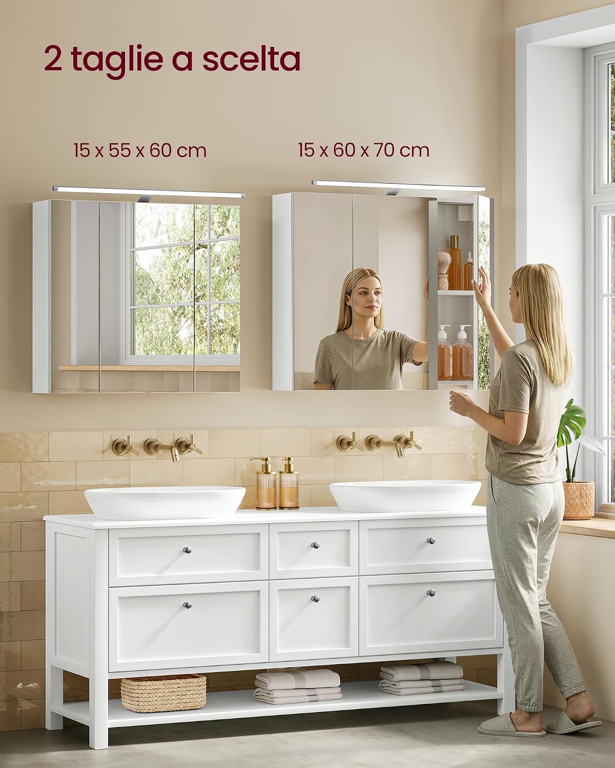 Thumbnail 6 de VASAGLE Kailyn Collezione – Armadietto da Bagno Sospeso con Specchio, Illuminazione e Ripiani Regolabili (15 x 60 x 55 cm)