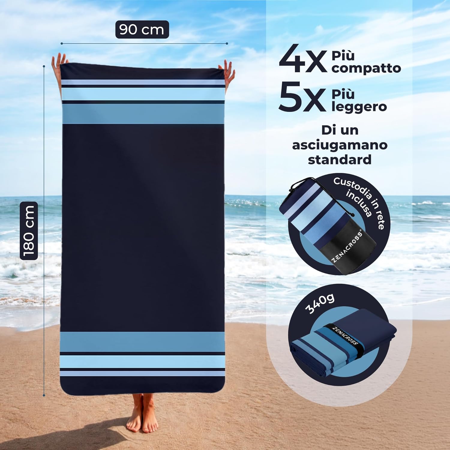 Detalle de Zenacross Telo Mare Microfibra 180x90 cm: asciugatura rapida, design versatile e compatto