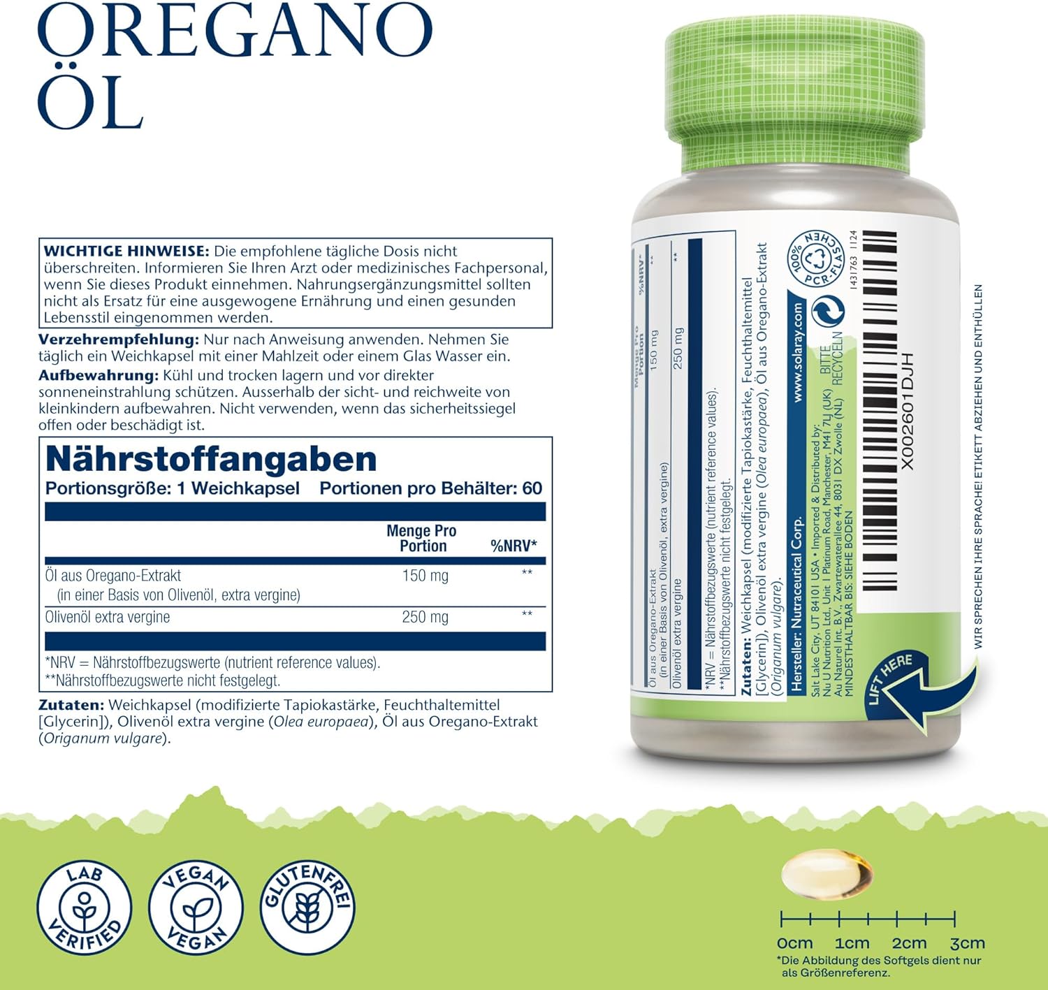 Detalle 2 de Solaray Oreganoöl 150 mg – 60 vegane Softgels mit nativem Olivenölextra, Omega-3 & 6