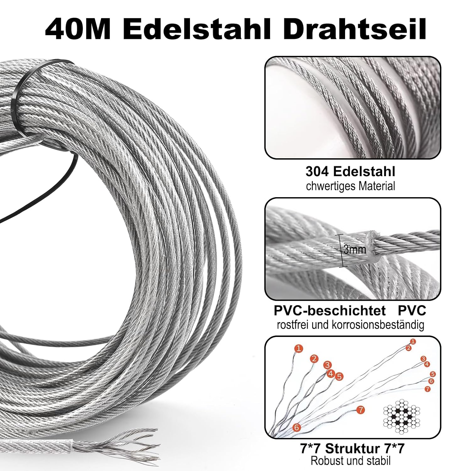 Detalle de Philtool 40M 3mm Edelstahl Drahtseil Kit – 74teilig, Ummantelung mit Ösen