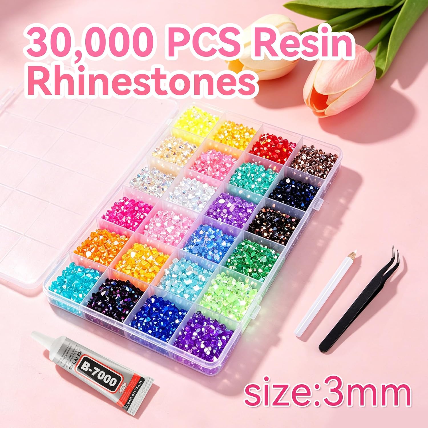Detalle 2 de Bedazzling Kit: Nail Resin Rhinestones for Crafts – 30,000pcs, 24 Colours with Picker Pen & Tweezers