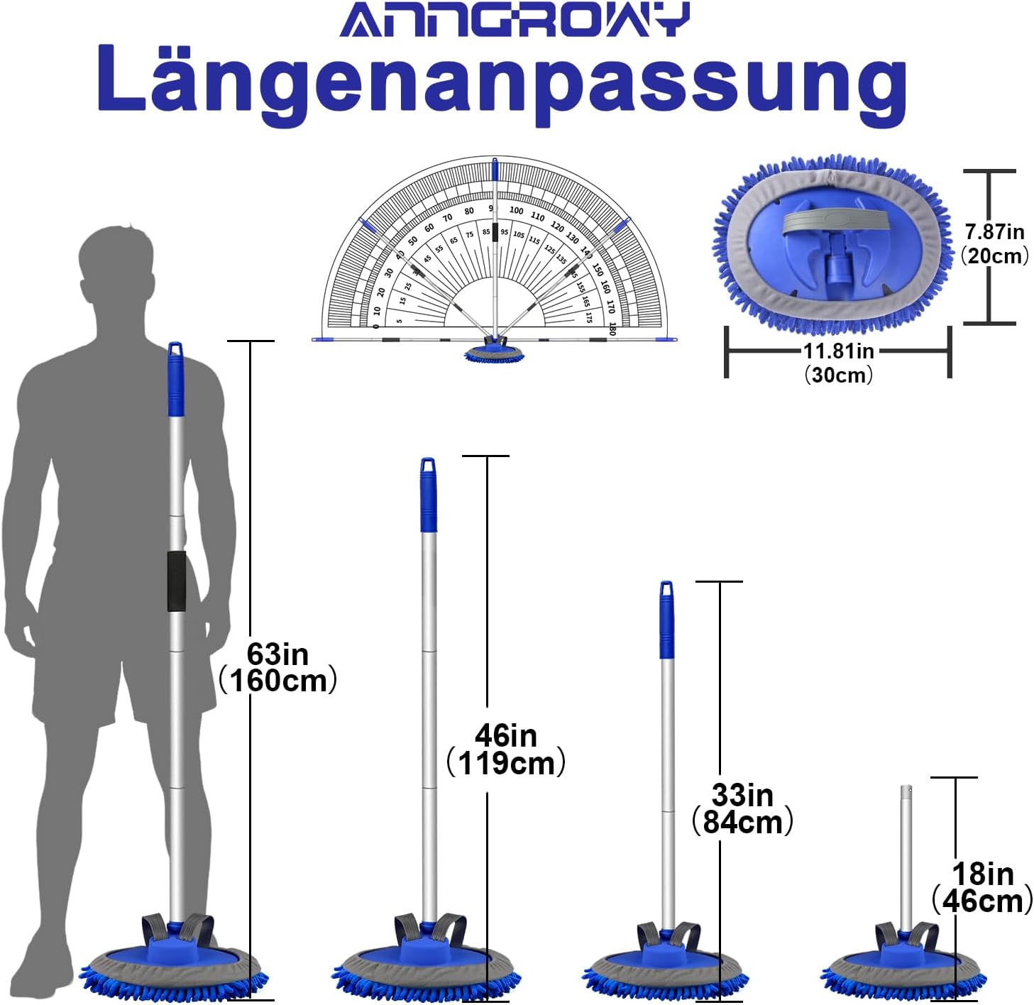Detalle de anngrowy Autowaschbürste mit Teleskopstiel (160 cm) und 4-fach ausziehbarem Griff – 180° drehbarer Mopkopf