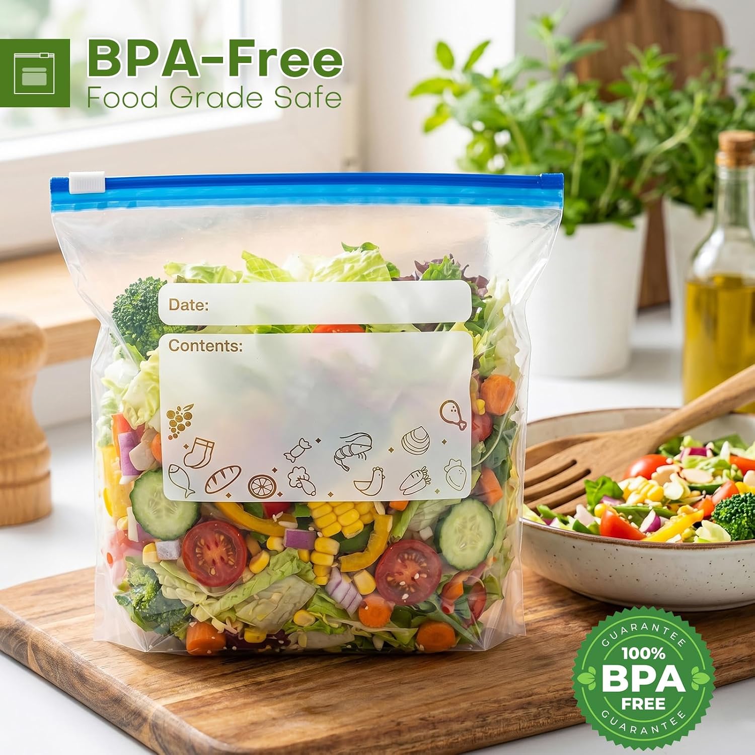 Detalle de GobiSea 60-Pack Zip Lock Freezer Bags – 1L, BPA-Free Freezer Bags with Expandable Bottom