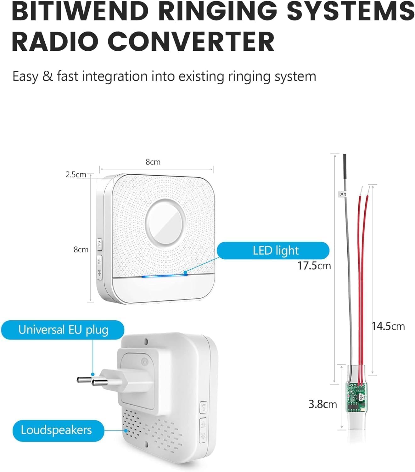 Detalle de BITIWEND Set di prolunga radio per campanello e gong — trasmettitore + 4 ricevitori, fino a 200 m, 58 melodie