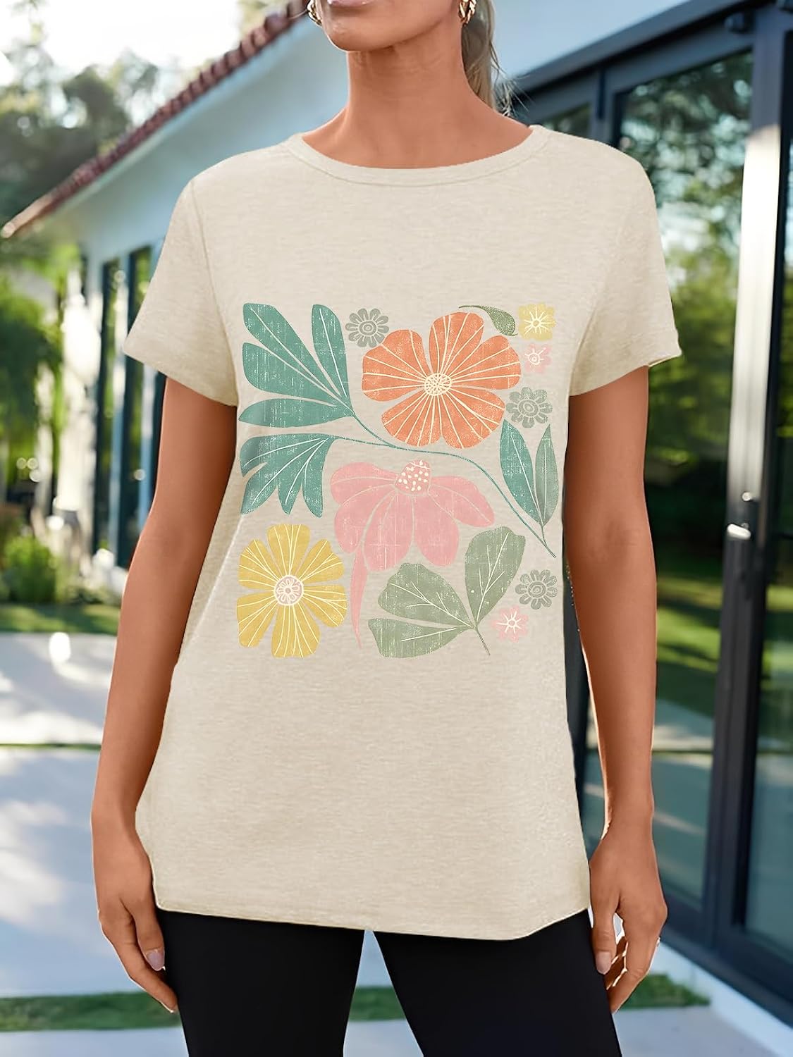Detalle de Cuptacc Damen T-Shirt Sommer Basic mit Rundhals, Kurzarm – einfarbiges Casual Oberteil