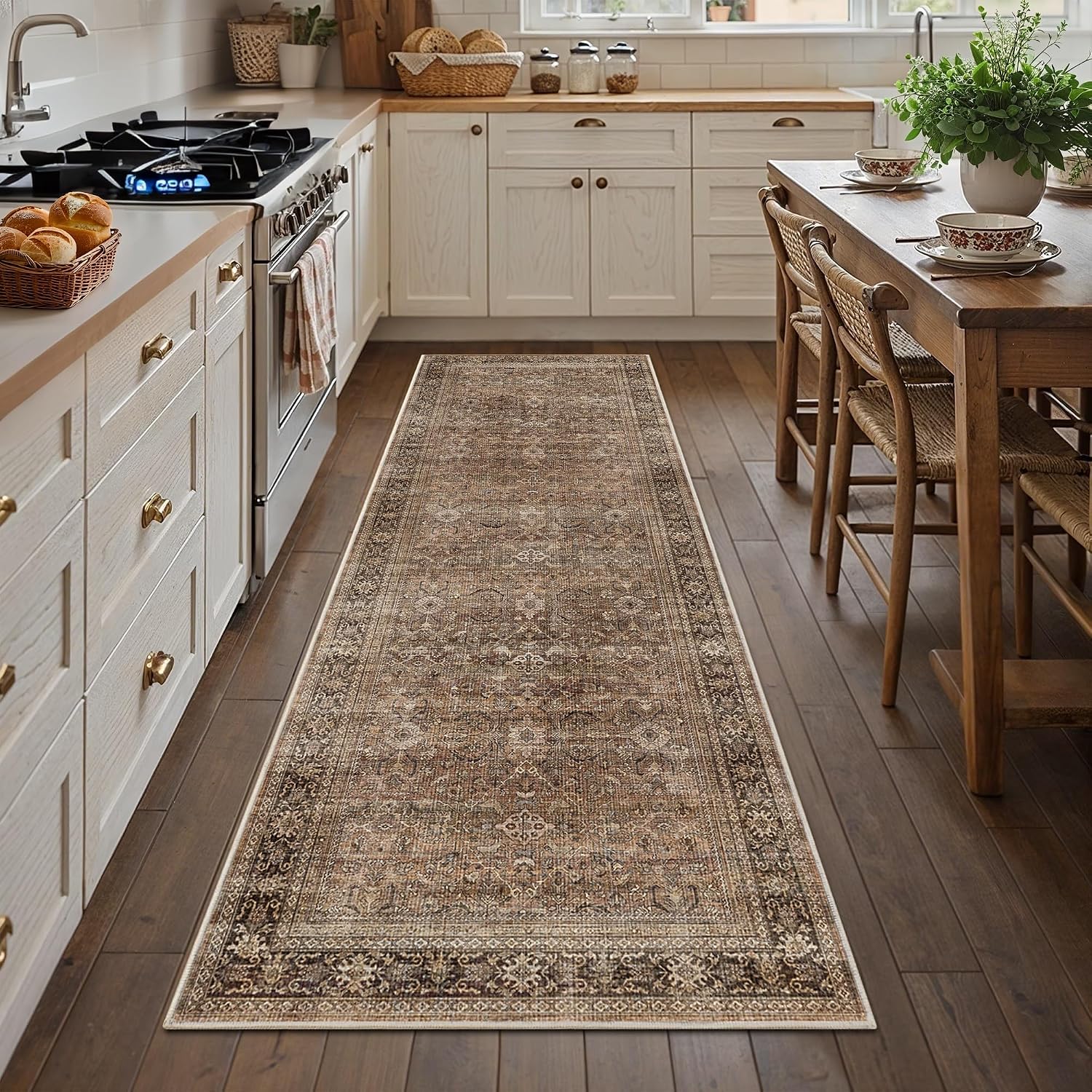 Detalle de Schweek SC3001-Brown-2.6x8 Runner Rug, Washable Floral, Non-Slip Brown