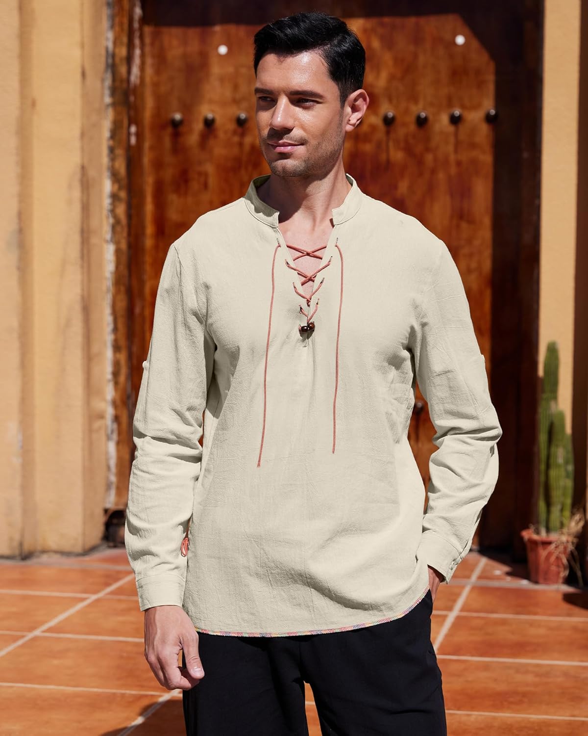 Thumbnail 1 de YAOHUOLE Men's Linen Shirt Long Sleeve Retro Lace Up – Classic Medieval/Viking-Inspired Top