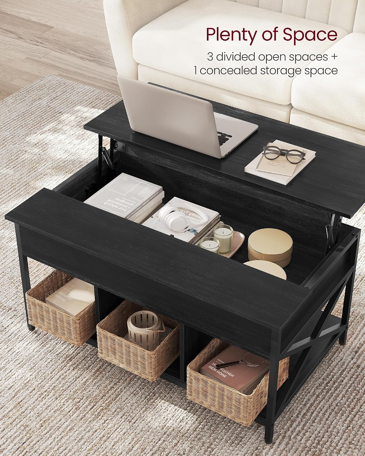 Detalle 1 de VASAGLE LCT205B22 Lift-Top Coffee Table, 3 Open Compartments, Charcoal Grey