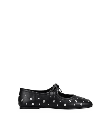 Detalle de BOSANOVA Bailarinas Planas para Mujer en Piel Vegana con Tachuelas y Lazo Fino – Negro, talla 40