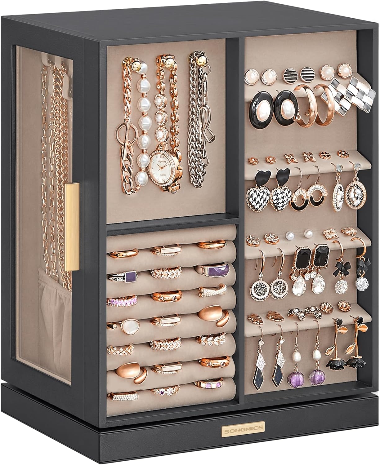 Thumbnail 6 de SONGMICS Boîte à Bijoux Rotative 360° JBC170B01 – Coffret noir graphique avec 5 tiroirs et vitres latérales